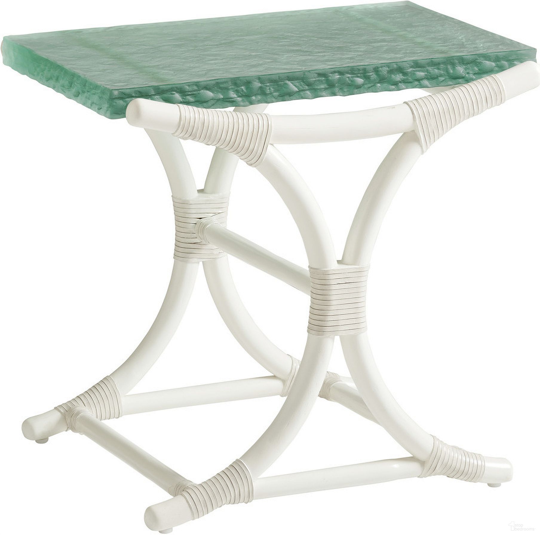 The appearance of Ocean Breeze Dania Sea Glass End Table In Sand designed by Tommy Bahama in the transitional interior design. This sand piece of furniture  was selected by 1StopBedrooms from Ocean Breeze Collection to add a touch of cosiness and style into your home. Sku: 570-954C. Material: Wood.