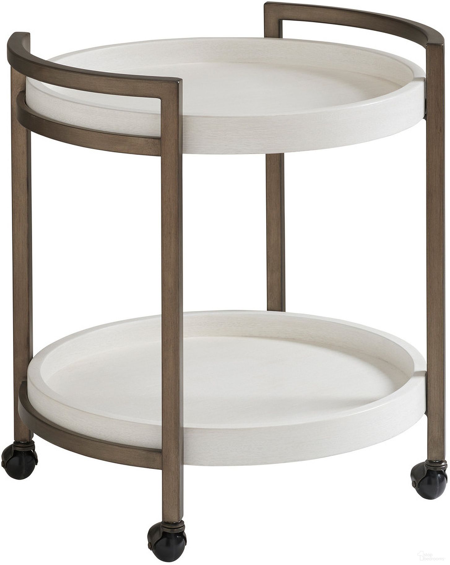 The appearance of Ocean Breeze Osprey Cart End Table In Sand designed by Tommy Bahama in the transitional interior design. This sand piece of furniture was selected by 1StopBedrooms from Ocean Breeze Collection to add a touch of cosiness and style into your home. Sku: 570-960. Material: Wood.