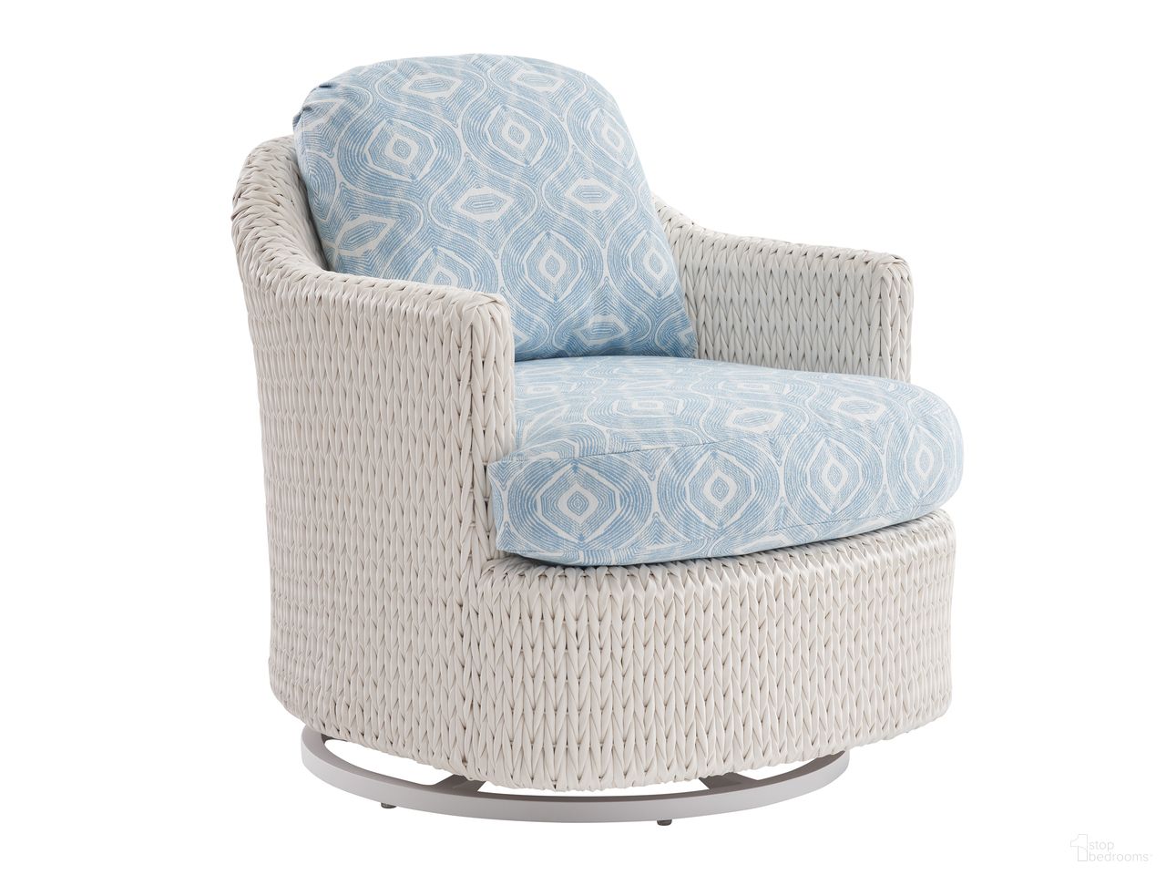 The appearance of Ocean Breeze Promenade Occasional Swivel Chair In White designed by Tommy Bahama in the transitional interior design. This white piece of furniture was selected by 1StopBedrooms from Ocean Breeze Promenade Collection to add a touch of cosiness and style into your home. Sku: 3460-09SW-40. Material: Wicker.
