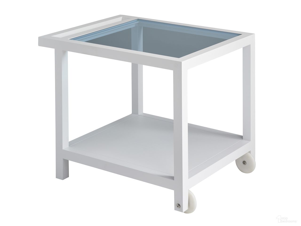 The appearance of Ocean Breeze Promenade Serving End Table In White designed by Tommy Bahama in the coastal interior design. This white piece of furniture was selected by 1StopBedrooms from Ocean Breeze Promenade Collection to add a touch of cosiness and style into your home. Sku: 3460-955. Material: Glass. Table Top Shape: Rectangular.