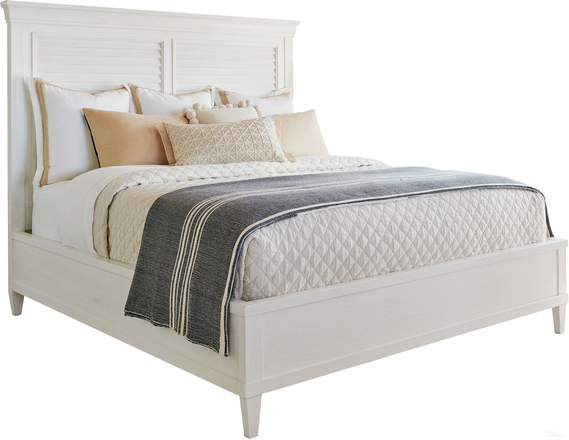 The appearance of Ocean Breeze Royal Palm Louvered Queen Bed In Sand designed by Tommy Bahama in the transitional interior design. This sand piece of furniture was selected by 1StopBedrooms from Ocean Breeze Collection to add a touch of cosiness and style into your home. Sku: 570-143C. Bed Type: Panel Bed. Material: Wood. Bed Size: Queen.