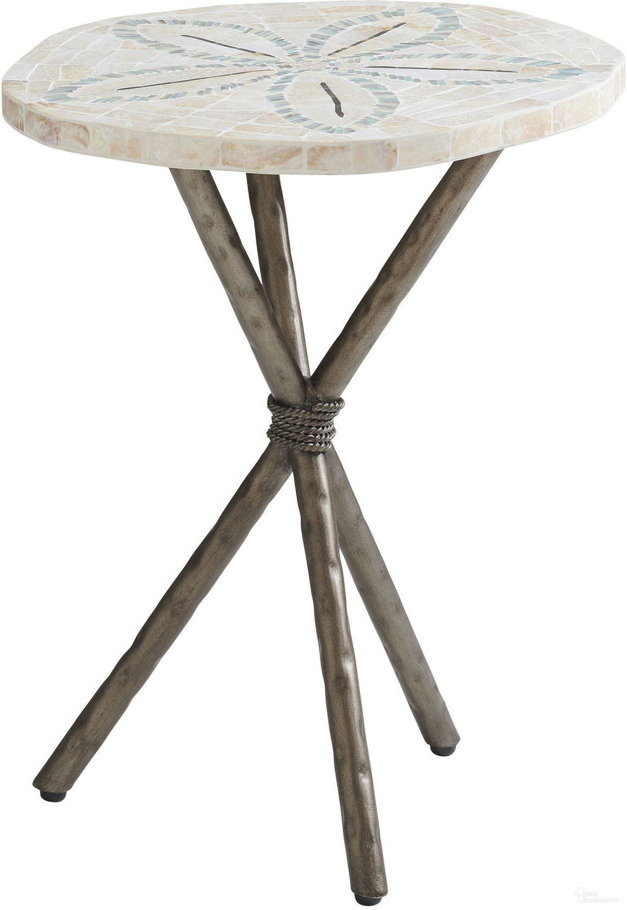 The appearance of Ocean Breeze Sand Dollar End Table In Sand designed by Tommy Bahama in the transitional interior design. This sand piece of furniture  was selected by 1StopBedrooms from Ocean Breeze Collection to add a touch of cosiness and style into your home. Sku: 570-956. Material: Wood.