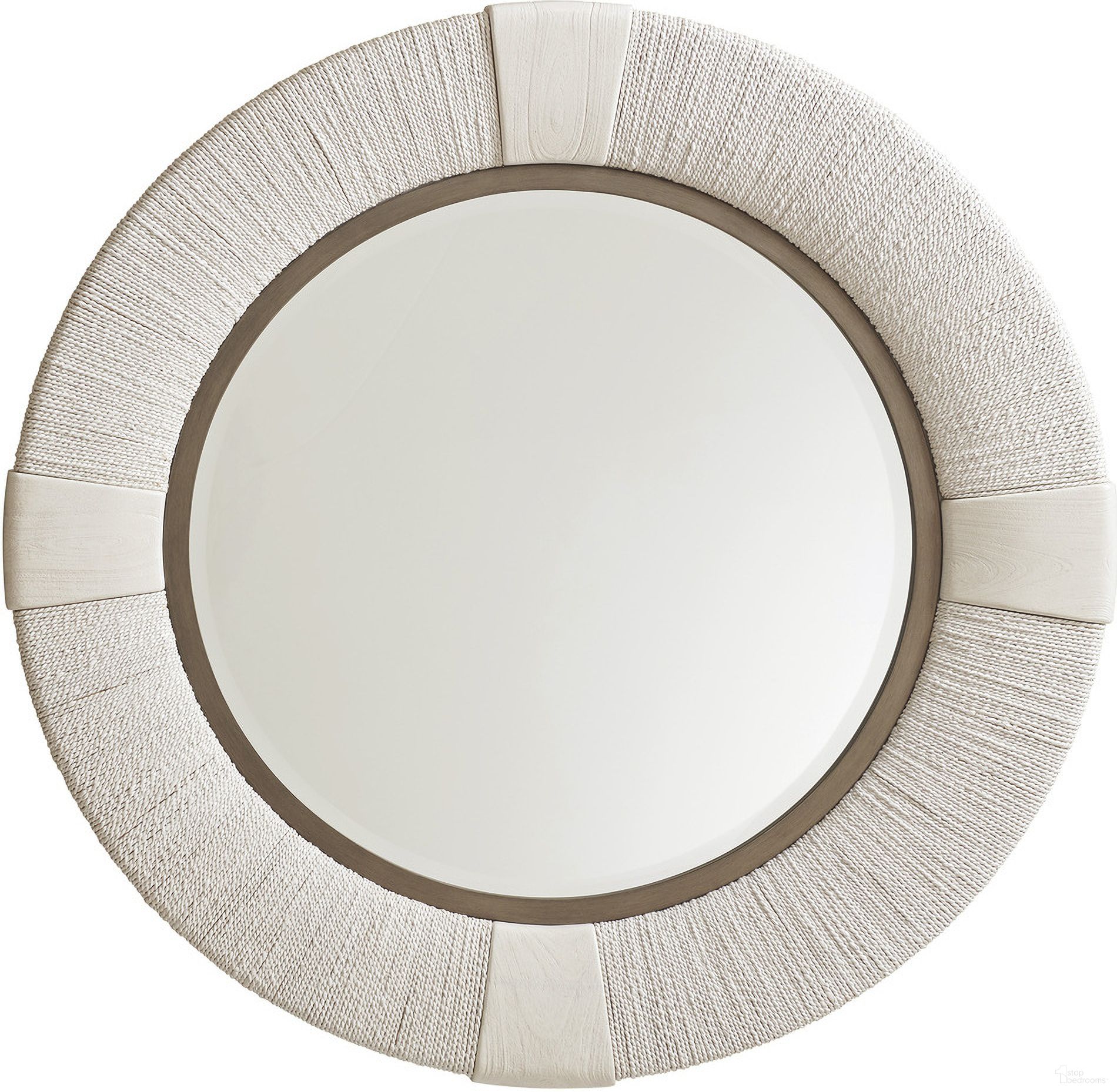 The appearance of Ocean Breeze Seacroft Round Mirror In Sand designed by Tommy Bahama in the transitional interior design. This sand piece of furniture was selected by 1StopBedrooms from Ocean Breeze Collection to add a touch of cosiness and style into your home. Sku: 570-201. Material: Wood.