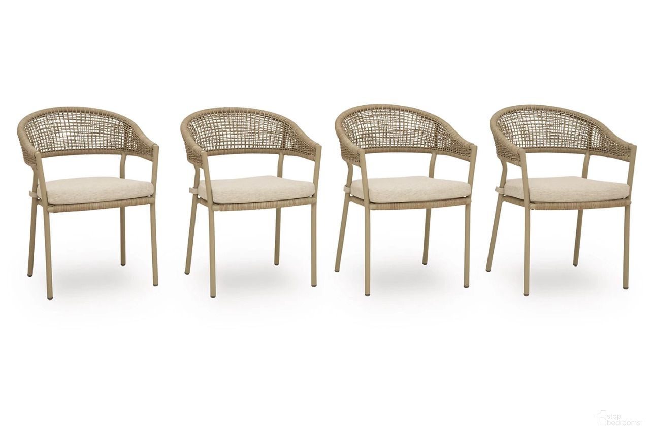 The appearance of Ocean Park Outdoor Arm Chair with Cushion Set of 4 In Beige designed by Signature Design by Ashley in the modern / contemporary interior design. This beige piece of furniture was selected by 1StopBedrooms from Ocean Park Collection to add a touch of cosiness and style into your home. Sku: P373-601A. Material: Polyester.