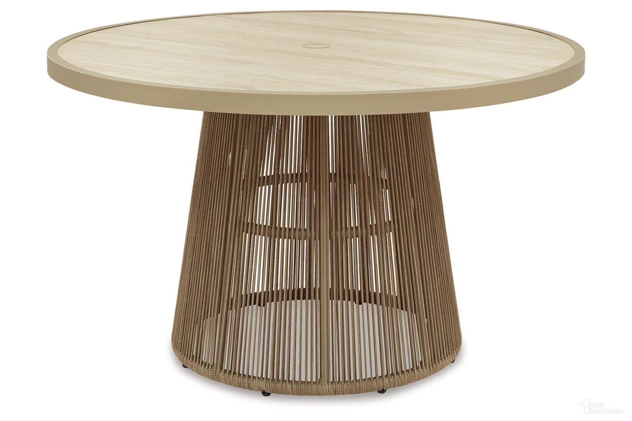 The appearance of Ocean Park Outdoor Dining Table In Beige designed by Signature Design by Ashley in the modern / contemporary interior design. This beige piece of furniture  was selected by 1StopBedrooms from Ocean Park Collection to add a touch of cosiness and style into your home. Sku: P373-615B;P373-615T. Table Base Style: Pedestal. Table Top Shape: Round. Material: Polyester.