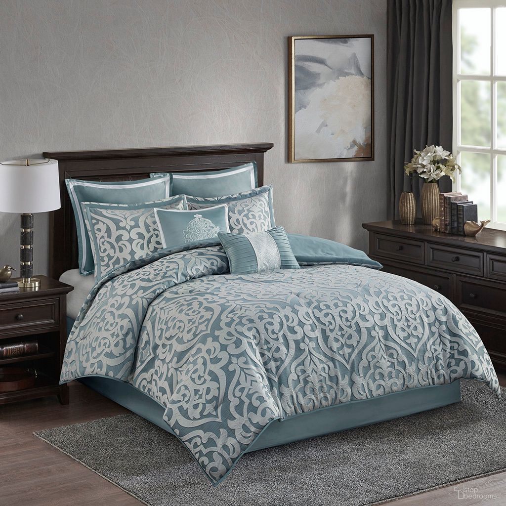 The appearance of Odette 8 Piece Jacquard King Comforter Set In Aqua and Silver designed by Olliix in the traditional interior design. This aqua/silver piece of furniture was selected by 1StopBedrooms from Odette Collection to add a touch of cosiness and style into your home. Sku: MP10-8080. Material: Polyester. Bed Size: King.