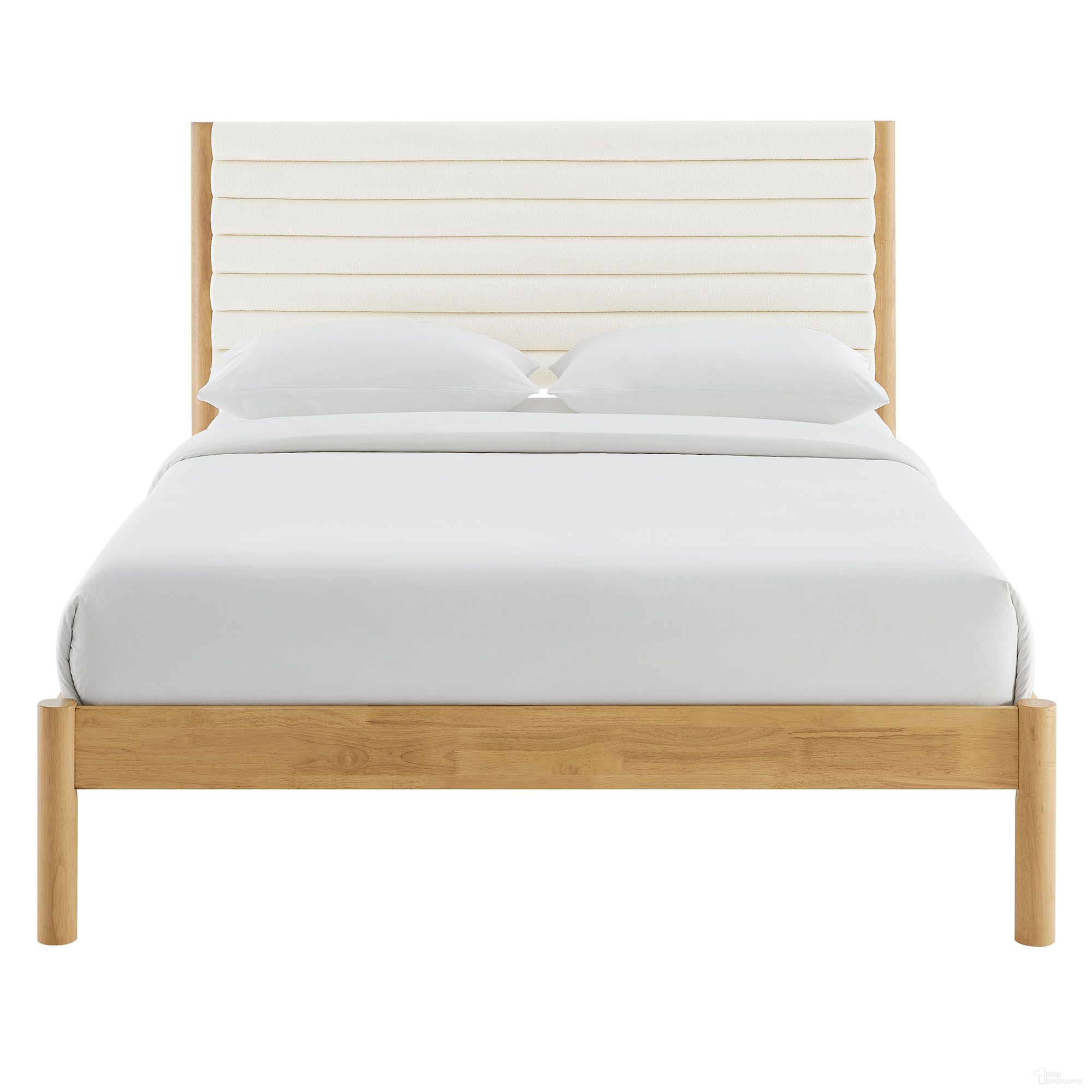 Olea Channel Tufted Boucle Solid Wood King Platform Bed In Feather and Oak