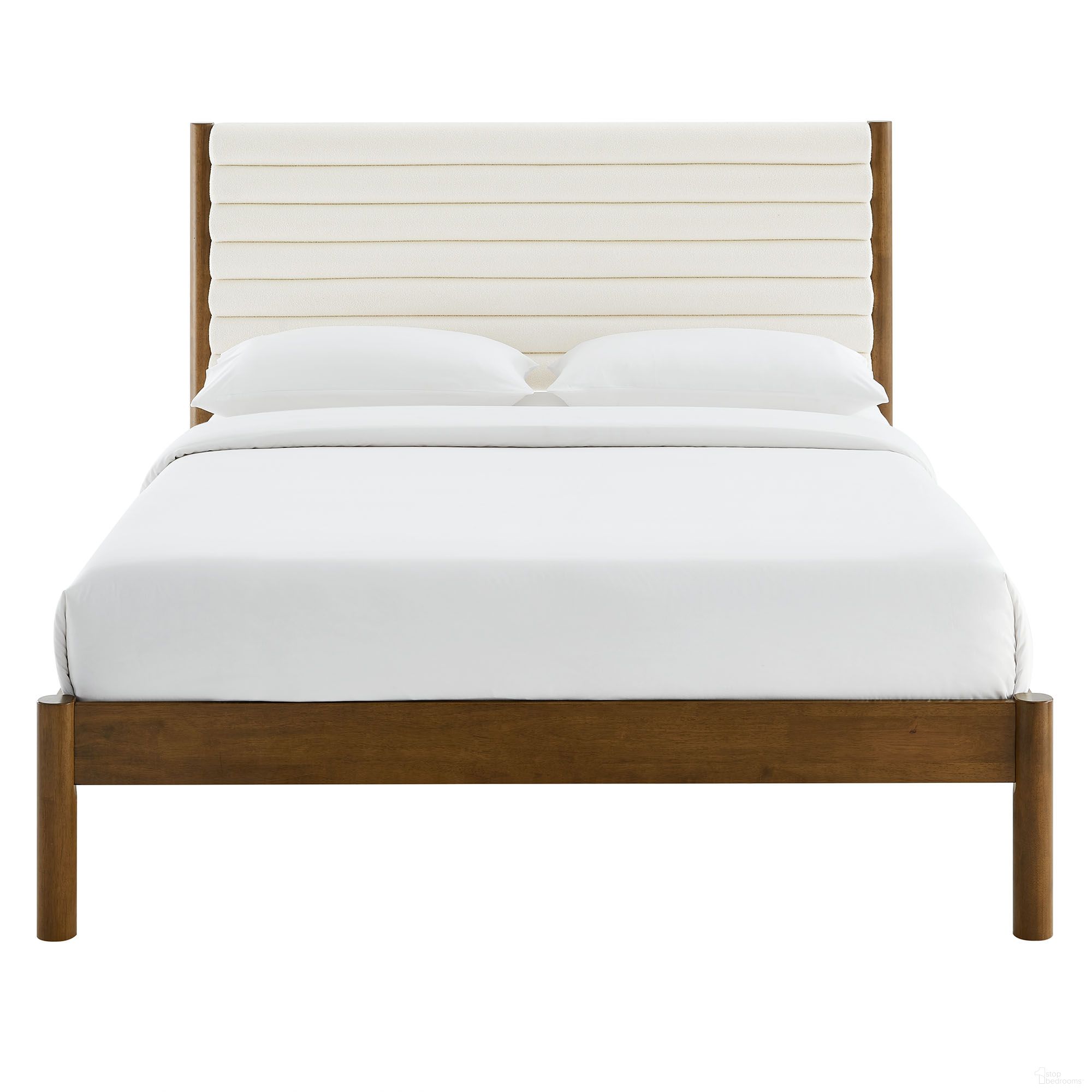 Olea Channel Tufted Boucle Solid Wood Queen Platform Bed In Feather and Walnut