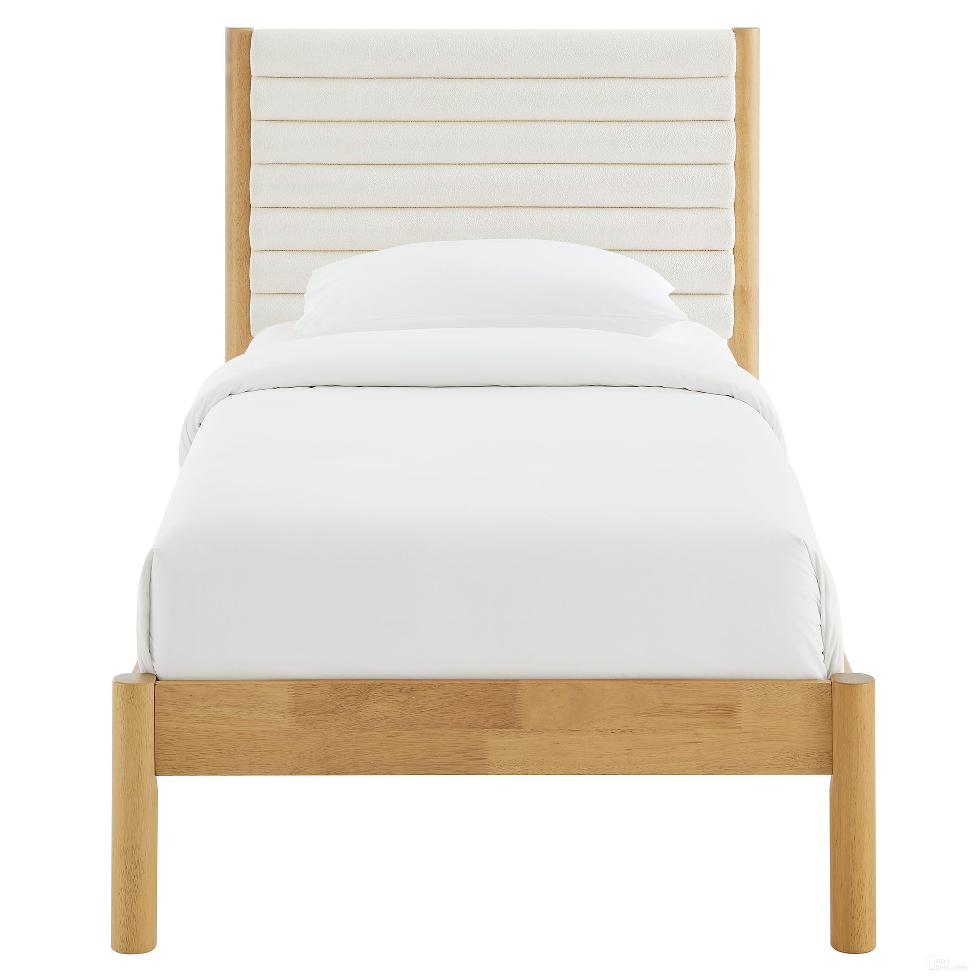 Olea Channel Tufted Boucle Solid Wood Twin Platform Bed In Feather and Oak