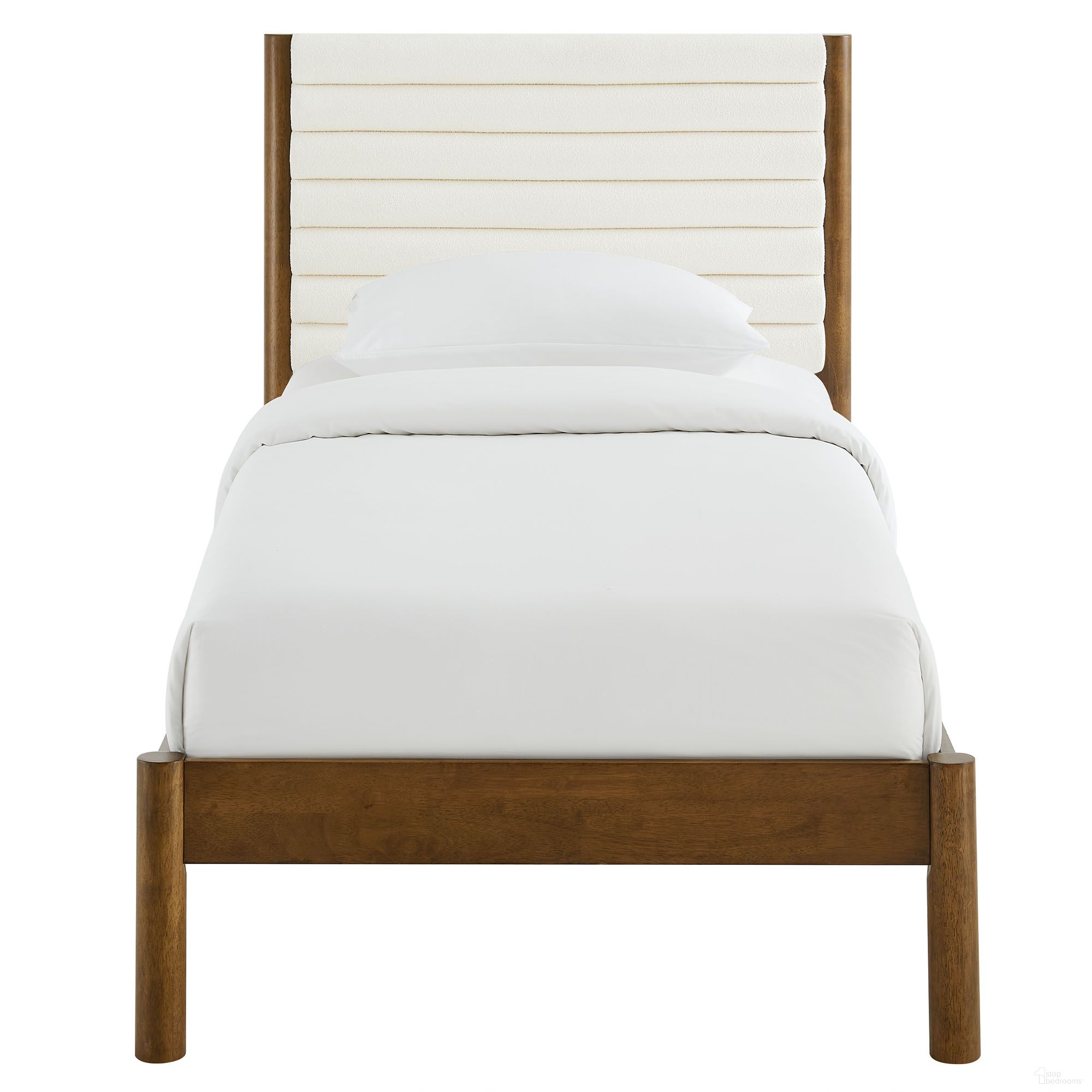 Olea Channel Tufted Boucle Solid Wood Twin Platform Bed In Feather and Walnut