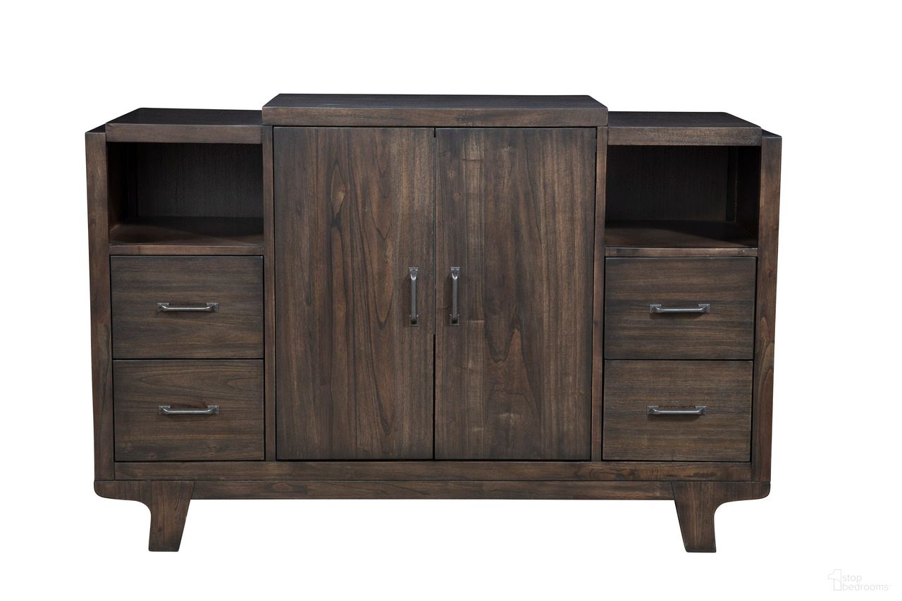 The appearance of Olejo Server In Chocolate designed by Alpine in the transitional interior design. This chocolate piece of furniture was selected by 1StopBedrooms from Olejo Collection to add a touch of cosiness and style into your home. Sku: 3315-06. Material: Solid Pine.