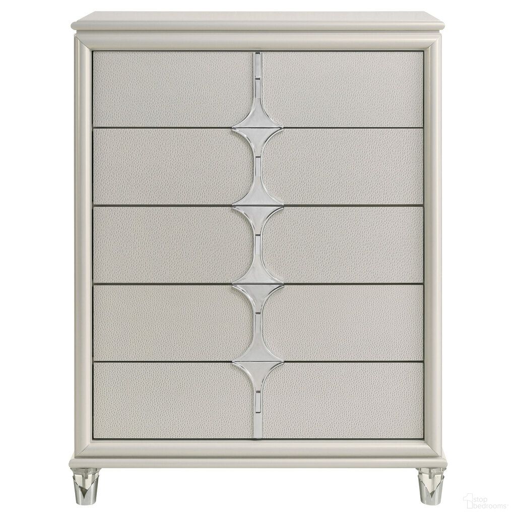 The appearance of Olivia 5-Drawer Bedroom Chest of Drawers In Pearl White designed by Coaster in the modern / contemporary interior design. This pearl white piece of furniture  was selected by 1StopBedrooms from Olivia Collection to add a touch of cosiness and style into your home. Sku: 224955. Material: Acrylic.