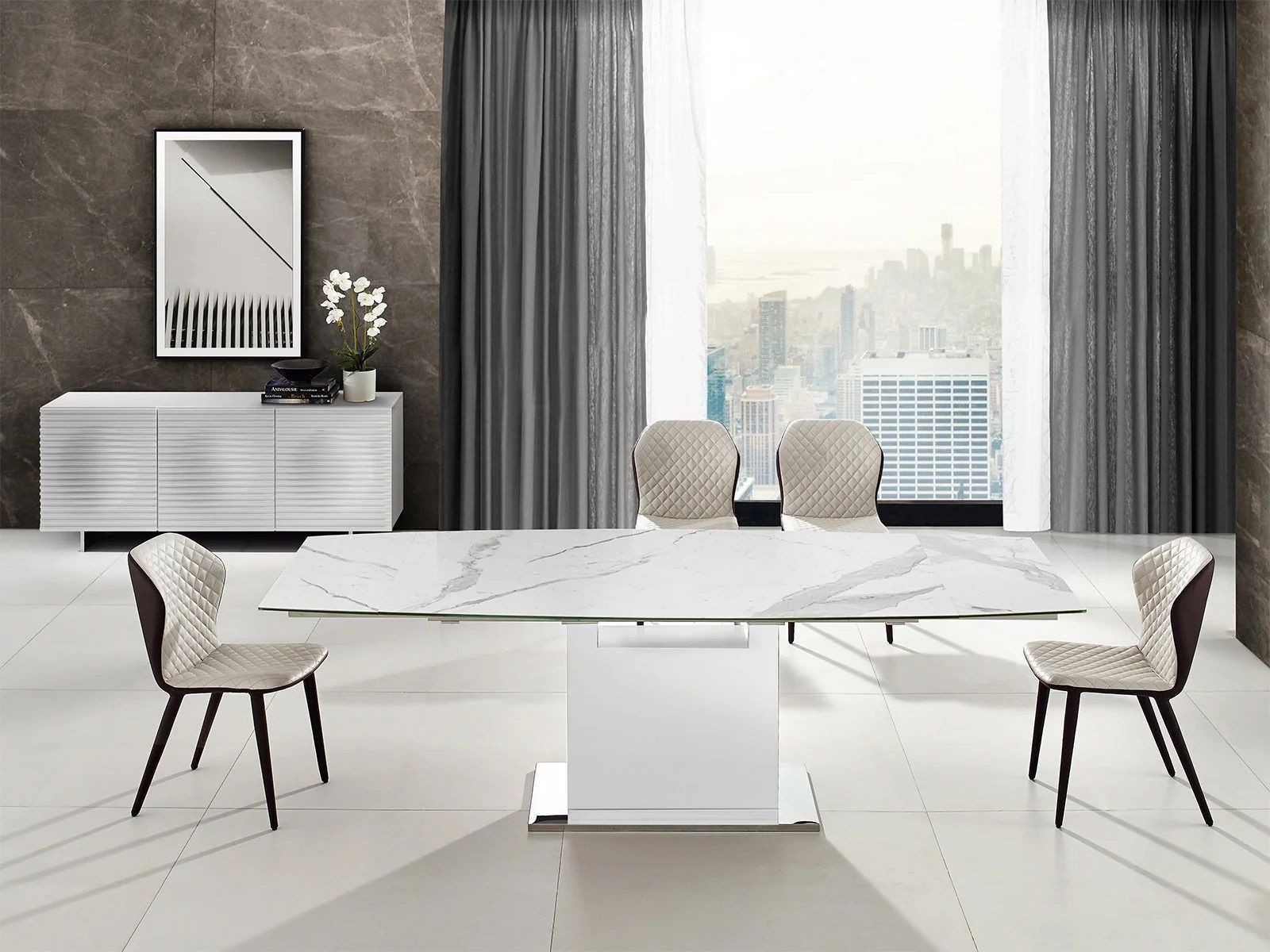 Olivia Dining Room Set In White Base and White Marbled Top