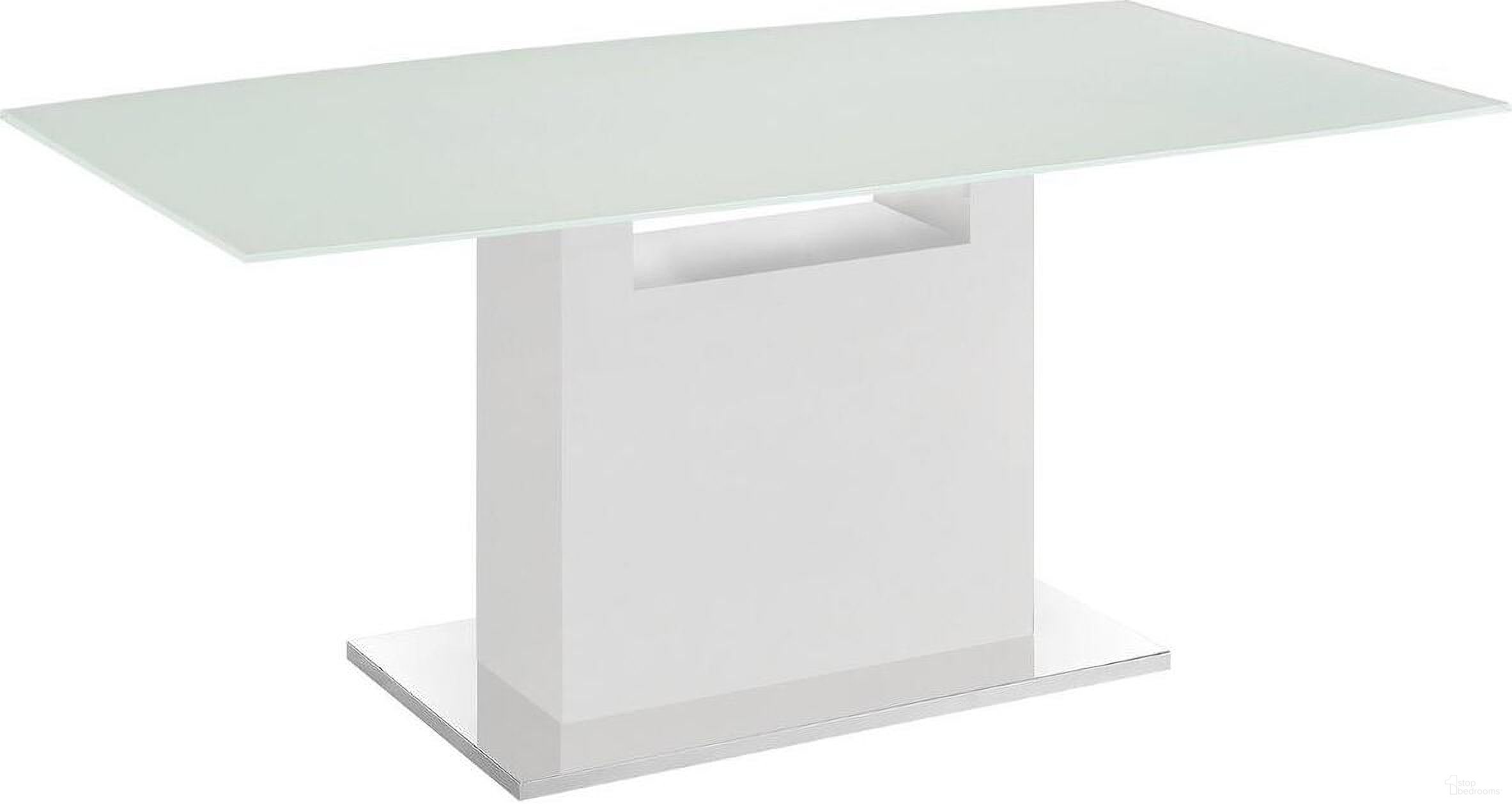 The appearance of Olivia Dining Table With White Base and White Top designed by Casabianca Home in the modern / contemporary interior design. This white piece of furniture was selected by 1StopBedrooms from Olivia Collection to add a touch of cosiness and style into your home. Sku: TC-MFIX03WHTWHT. Table Base Style: Pedestal. Material: Glass. Table Top Shape: Rectangular. Size: 40" x 71".
