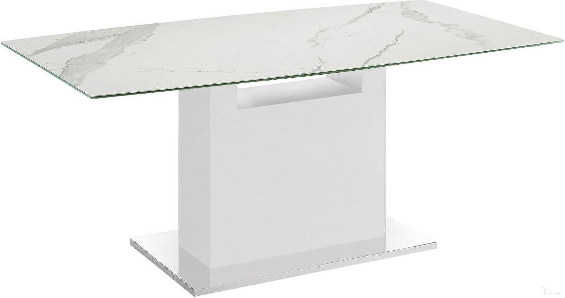 The appearance of Olivia Dining Table With White Base and White Marbled Top designed by Casabianca Home in the modern / contemporary interior design. This white marble piece of furniture was selected by 1StopBedrooms from Olivia Collection to add a touch of cosiness and style into your home. Sku: TC-MFIX03WHTMAR. Table Base Style: Pedestal. Material: Porcelain. Table Top Shape: Rectangular. Size: 40" x 71".