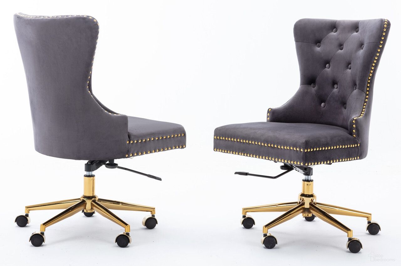 Olivia Swivel Office Chair with Tufted Seat Back In Dark Gray Velvet and Gold Chrome