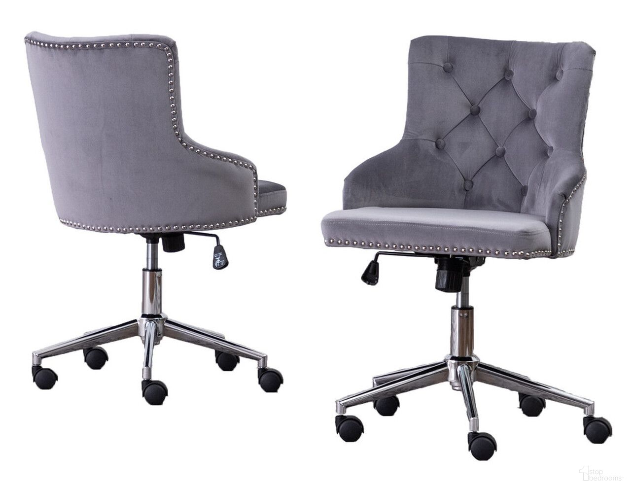 Olivia Swivel Office Chair with Tufted Seat In Dark Gray Velvet and Stainless Steel