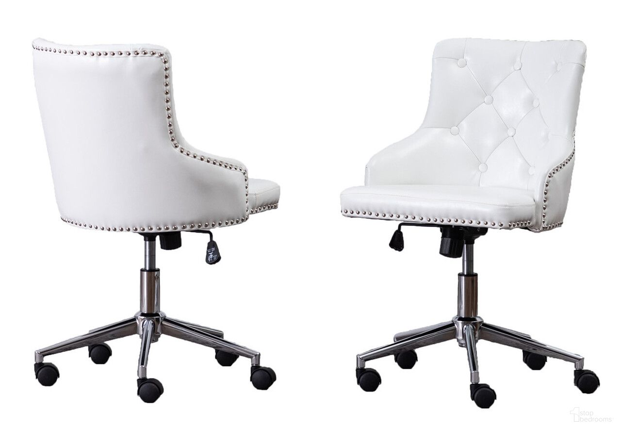 Olivia Swivel Office Chair with Tufted Seat In White Faux Leather and Stainless Steel
