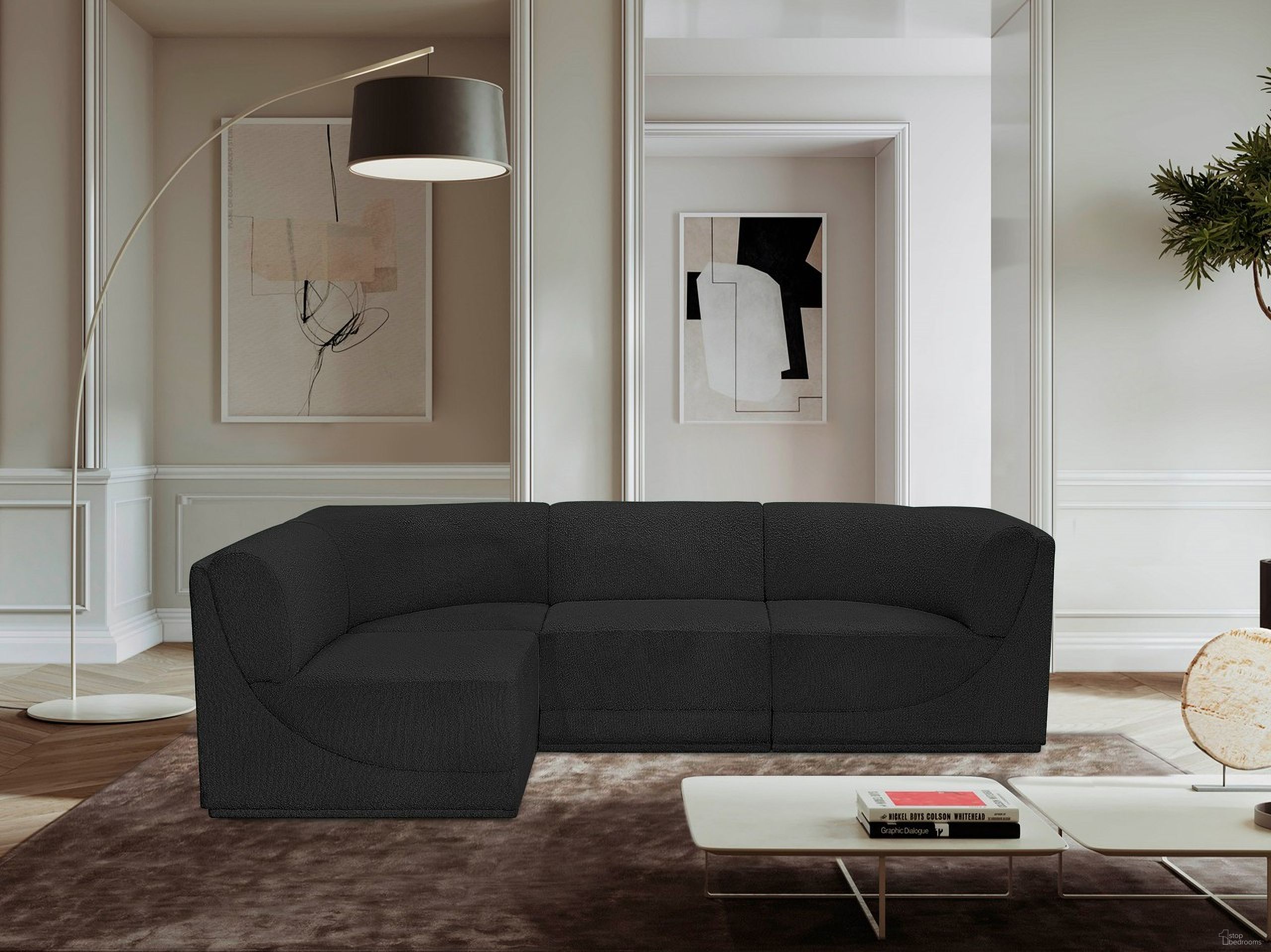 The appearance of Ollie Boucle Fabric 4 Piece Modular Sectional In Black designed by Meridian in the modern / contemporary interior design. This black piece of furniture was selected by 1StopBedrooms from Ollie Collection to add a touch of cosiness and style into your home. Sku: 118Black-Armless;118Black-Armless;118Black-Corner;118Black-Corner. Layout: Modular. Material: Boucle.