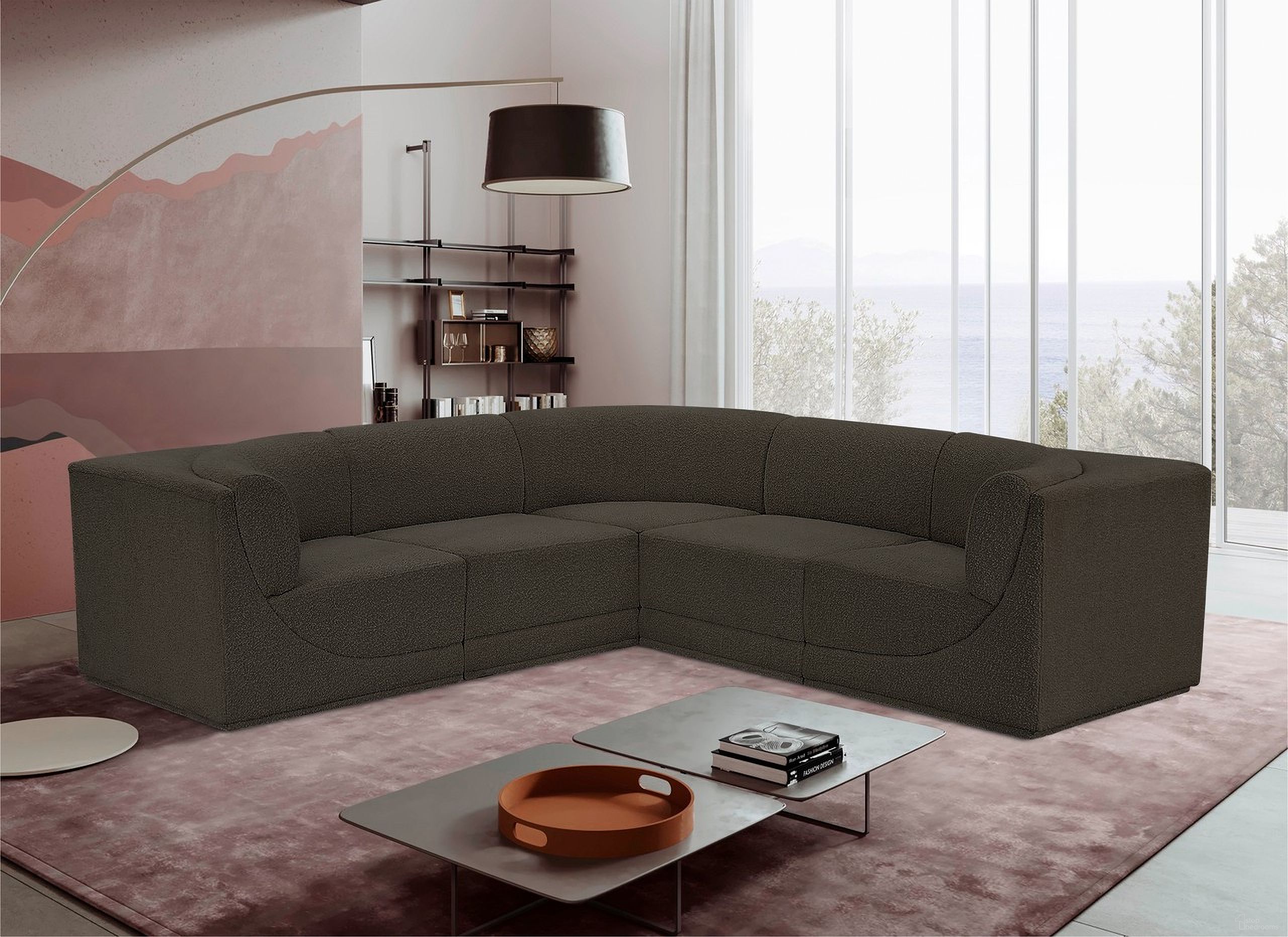 Ollie Boucle Fabric 5 Piece Modular Sectional In Brown