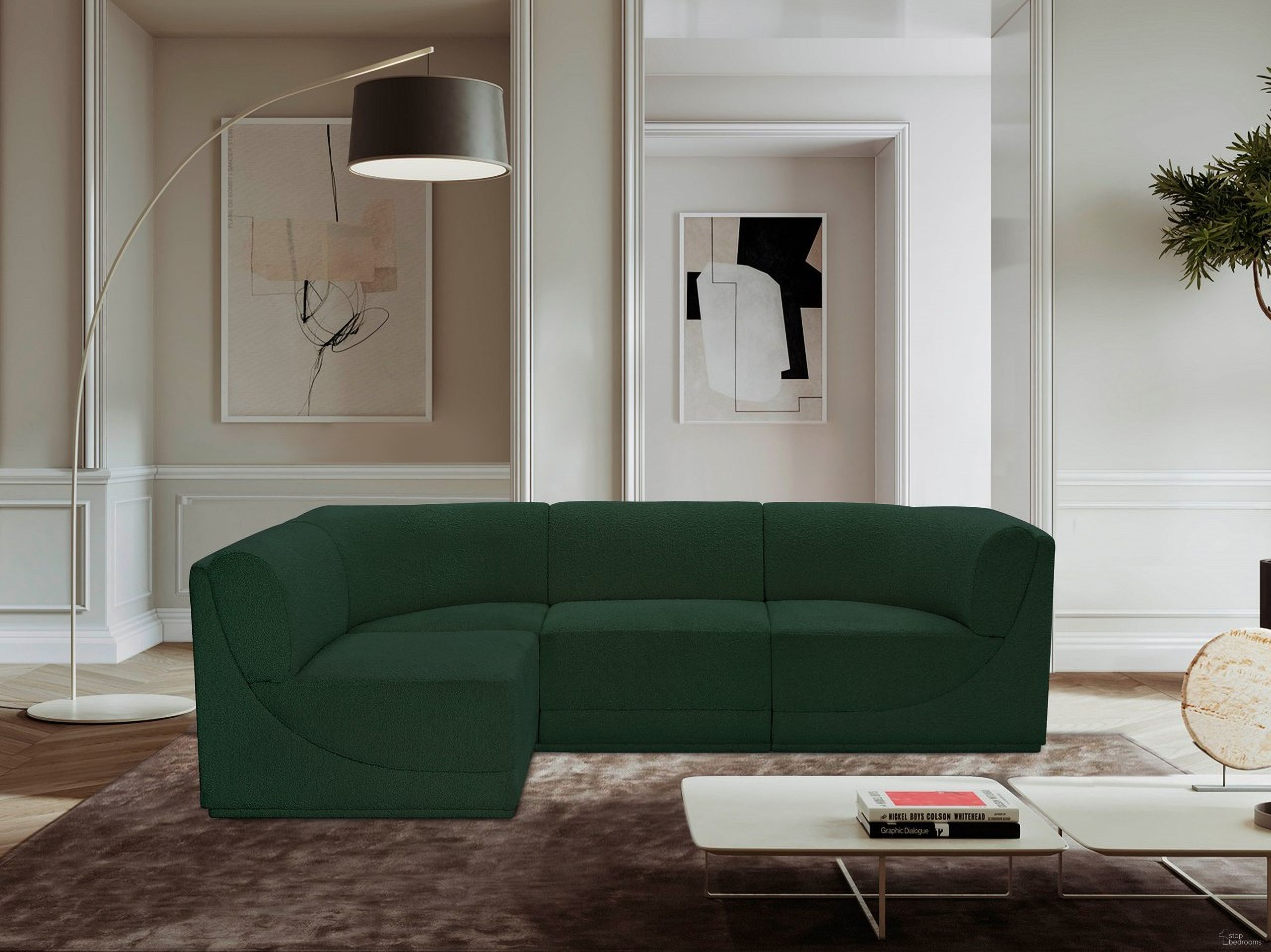 The appearance of Ollie Boucle Fabric 4 Piece Modular Sectional In Green designed by Meridian in the modern / contemporary interior design. This green piece of furniture was selected by 1StopBedrooms from Ollie Collection to add a touch of cosiness and style into your home. Sku: 118Green-Armless;118Green-Armless;118Green-Corner;118Green-Corner. Layout: Modular. Material: Boucle.