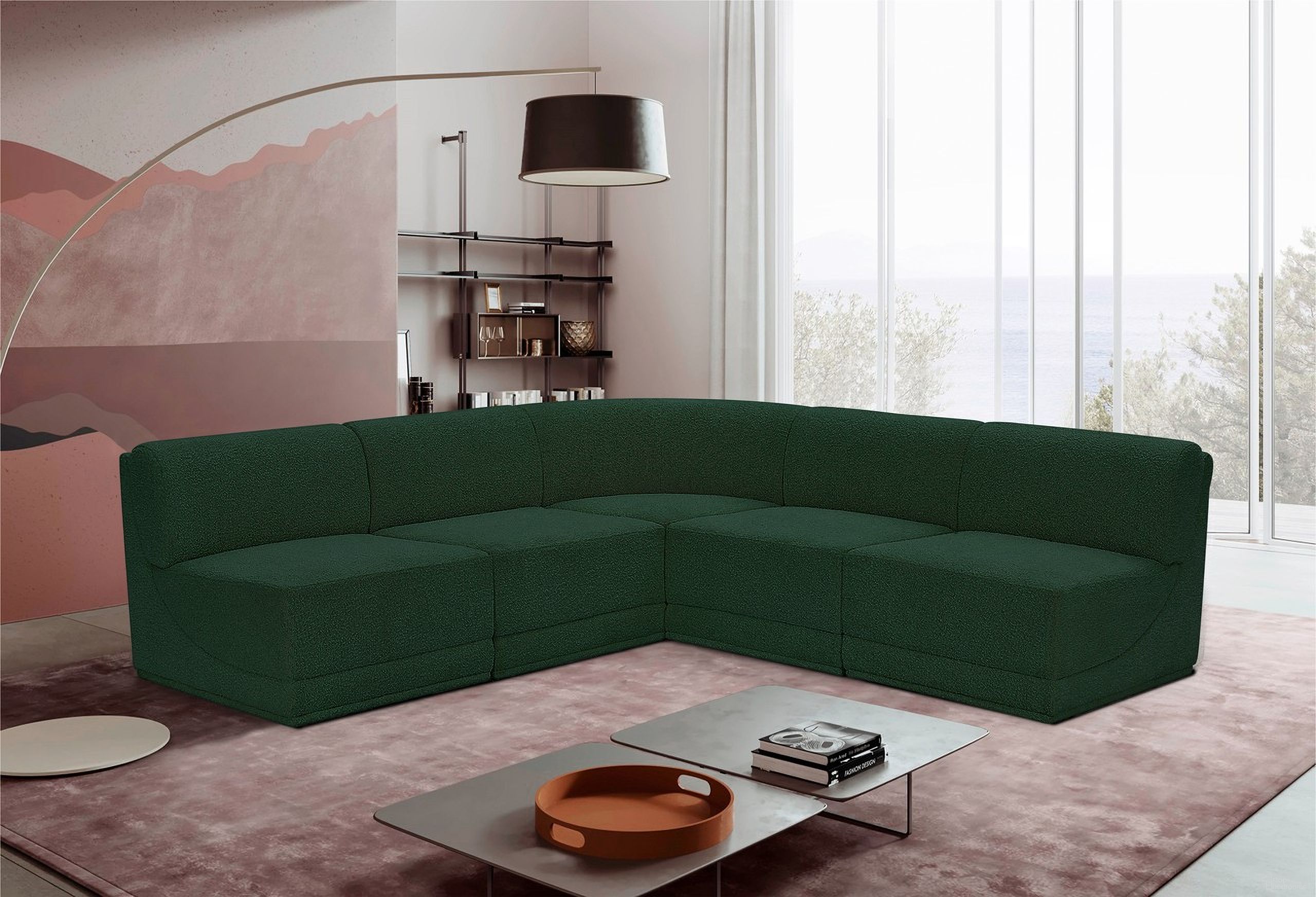 The appearance of Ollie Boucle Fabric 5 Piece Modular Sectional In Green designed by Meridian in the modern / contemporary interior design. This green piece of furniture was selected by 1StopBedrooms from Ollie Collection to add a touch of cosiness and style into your home. Sku: 118Green-Armless;118Green-Armless;118Green-Armless;118Green-Armless;118Green-Corner. Layout: Modular. Material: Boucle.