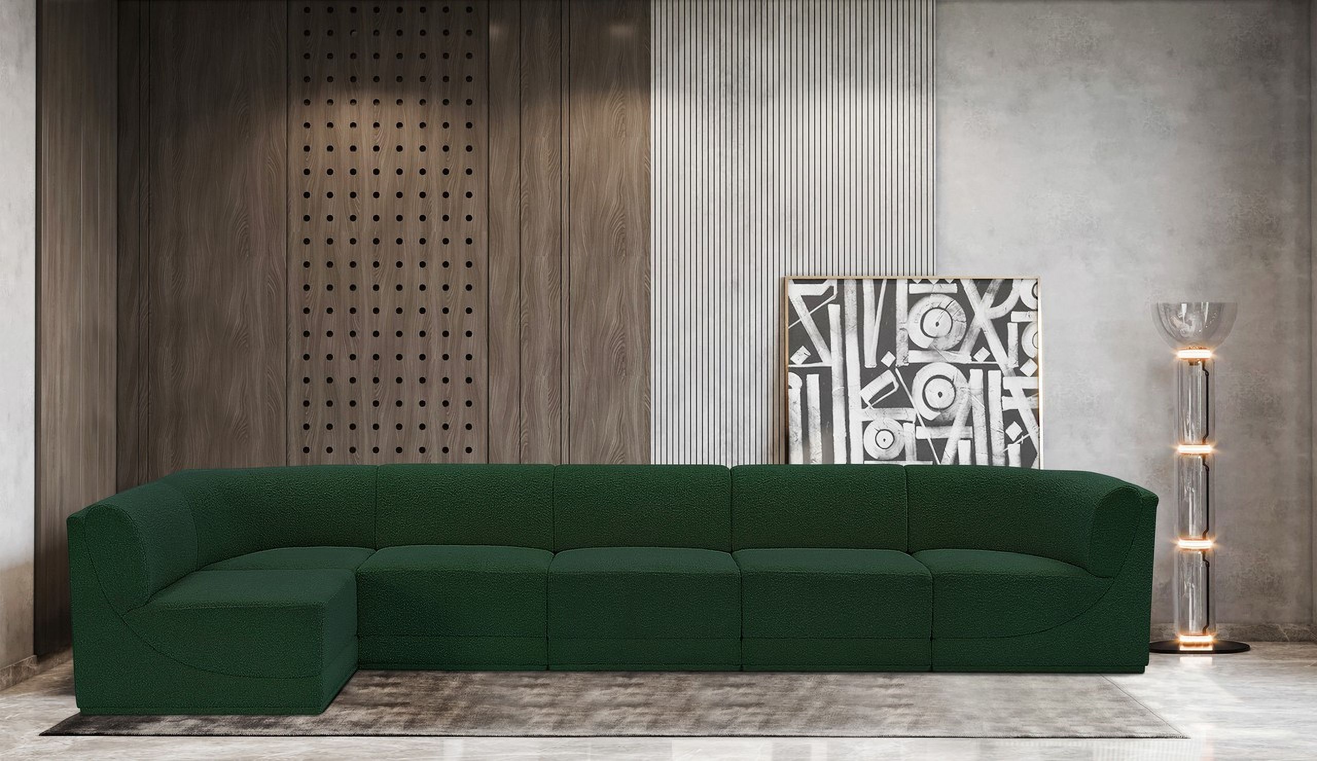 The appearance of Ollie Boucle Fabric 6 Piece Modular Sectional In Green designed by Meridian in the modern / contemporary interior design. This green piece of furniture  was selected by 1StopBedrooms from Ollie Collection to add a touch of cosiness and style into your home. Sku: 118Green-Armless;118Green-Armless;118Green-Armless;118Green-Armless;118Green-Corner;118Green-Corner. Layout: Modular. Material: Boucle.