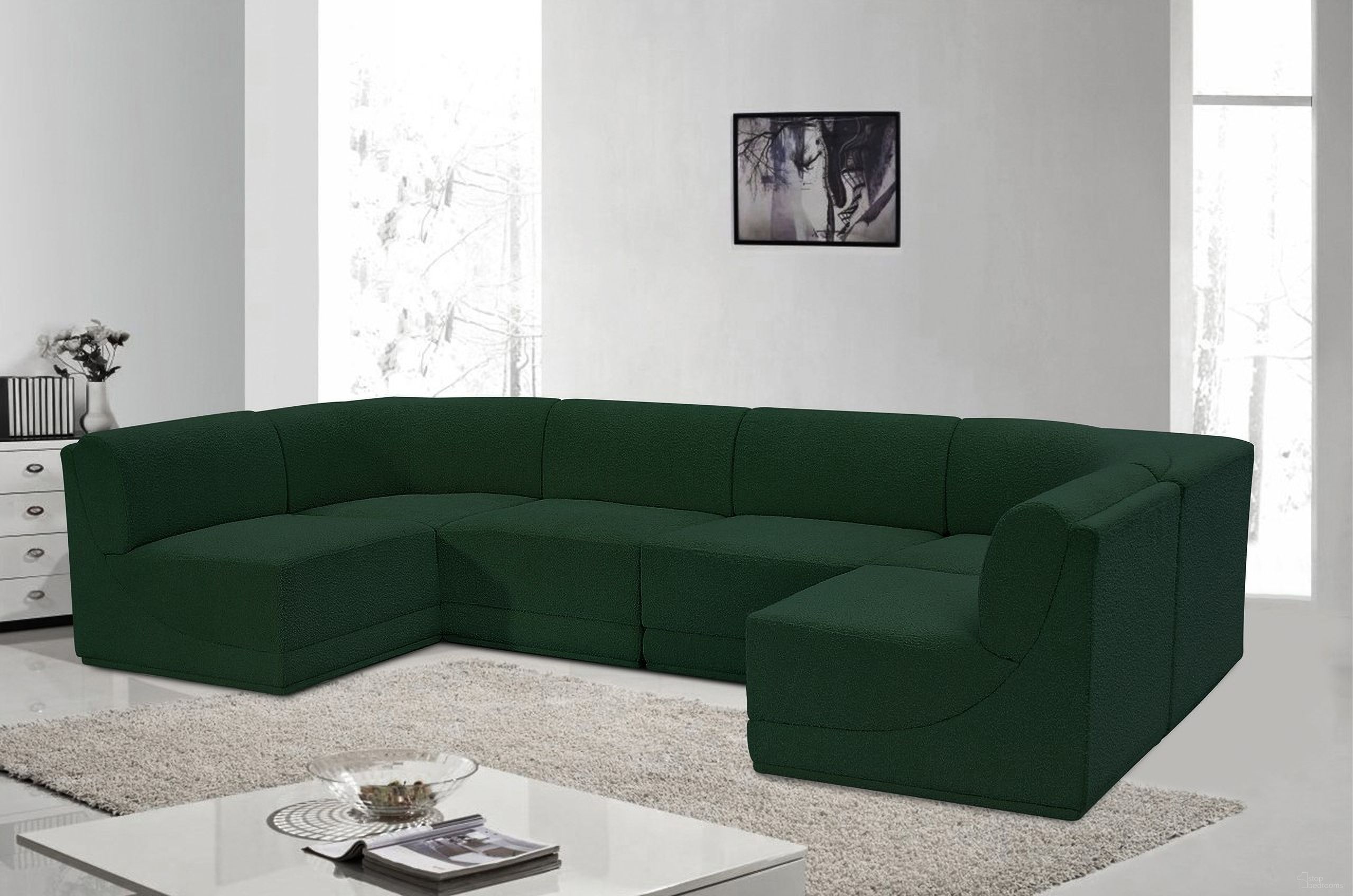 The appearance of Ollie Boucle Fabric 6 Piece Modular Sectional In Green designed by Meridian in the modern / contemporary interior design. This green piece of furniture was selected by 1StopBedrooms from Ollie Collection to add a touch of cosiness and style into your home. Sku: 118Green-Armless;118Green-Armless;118Green-Armless;118Green-Armless;118Green-Corner;118Green-Corner. Layout: Modular. Material: Boucle.