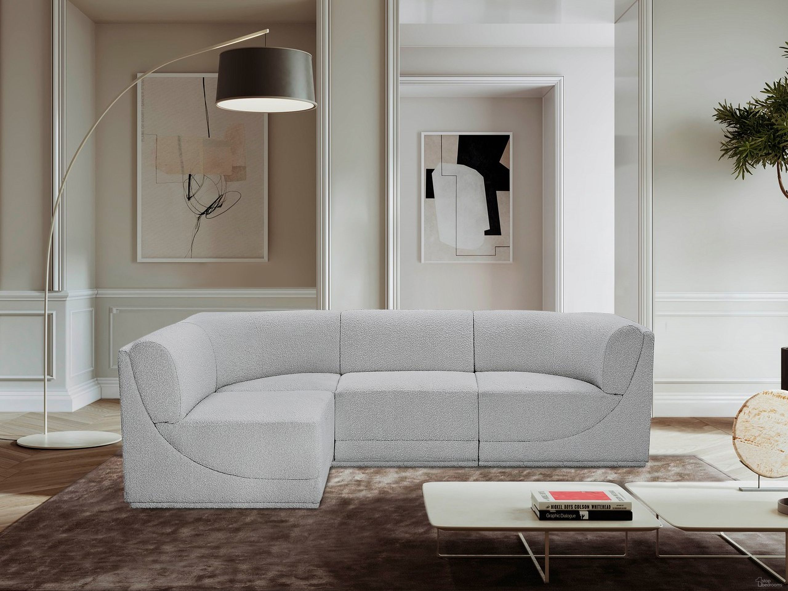 The appearance of Ollie Boucle Fabric 4 Piece Modular Sectional In Grey designed by Meridian in the modern / contemporary interior design. This grey piece of furniture was selected by 1StopBedrooms from Ollie Collection to add a touch of cosiness and style into your home. Sku: 118Grey-Armless;118Grey-Armless;118Grey-Corner;118Grey-Corner. Layout: Modular. Material: Boucle.