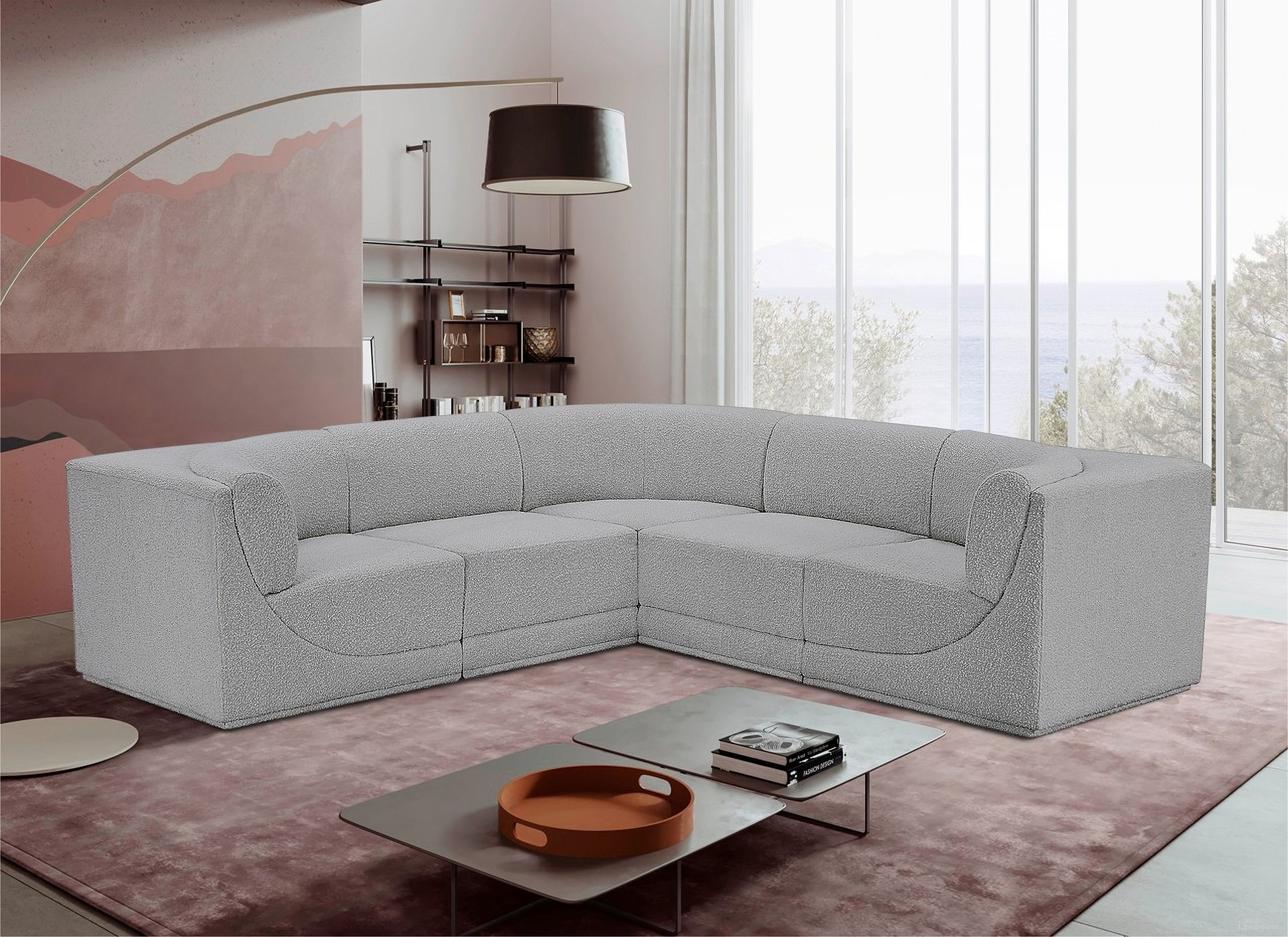 The appearance of Ollie Boucle Fabric 5 Piece Modular Sectional In Grey designed by Meridian in the modern / contemporary interior design. This grey piece of furniture was selected by 1StopBedrooms from Ollie Collection to add a touch of cosiness and style into your home. Sku: 118Grey-Armless;118Grey-Armless;118Grey-Corner;118Grey-Corner;118Grey-Corner. Layout: Modular. Material: Boucle.