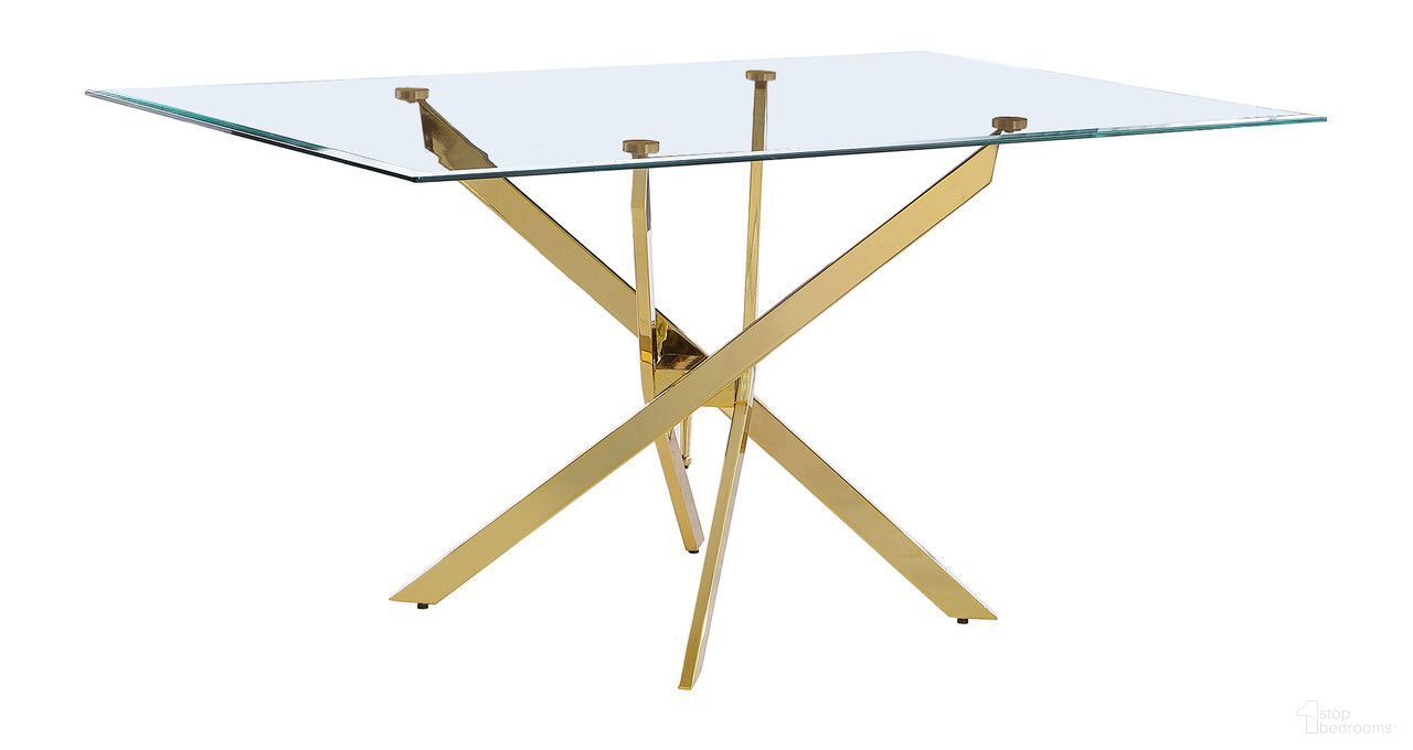 The appearance of Olly Rectangle 60 x 38 Inch Dining Table In Clear Tempered Glass and Gold Chrome designed by Best Quality Furniture in the modern / contemporary interior design. This clear/gold piece of furniture  was selected by 1StopBedrooms from Olly Collection to add a touch of cosiness and style into your home. Sku: D234-DTT;D234-DTB. Table Base Style: Trestle. Material: Glass. Table Top Shape: Rectangular. Size: 38" x 60".