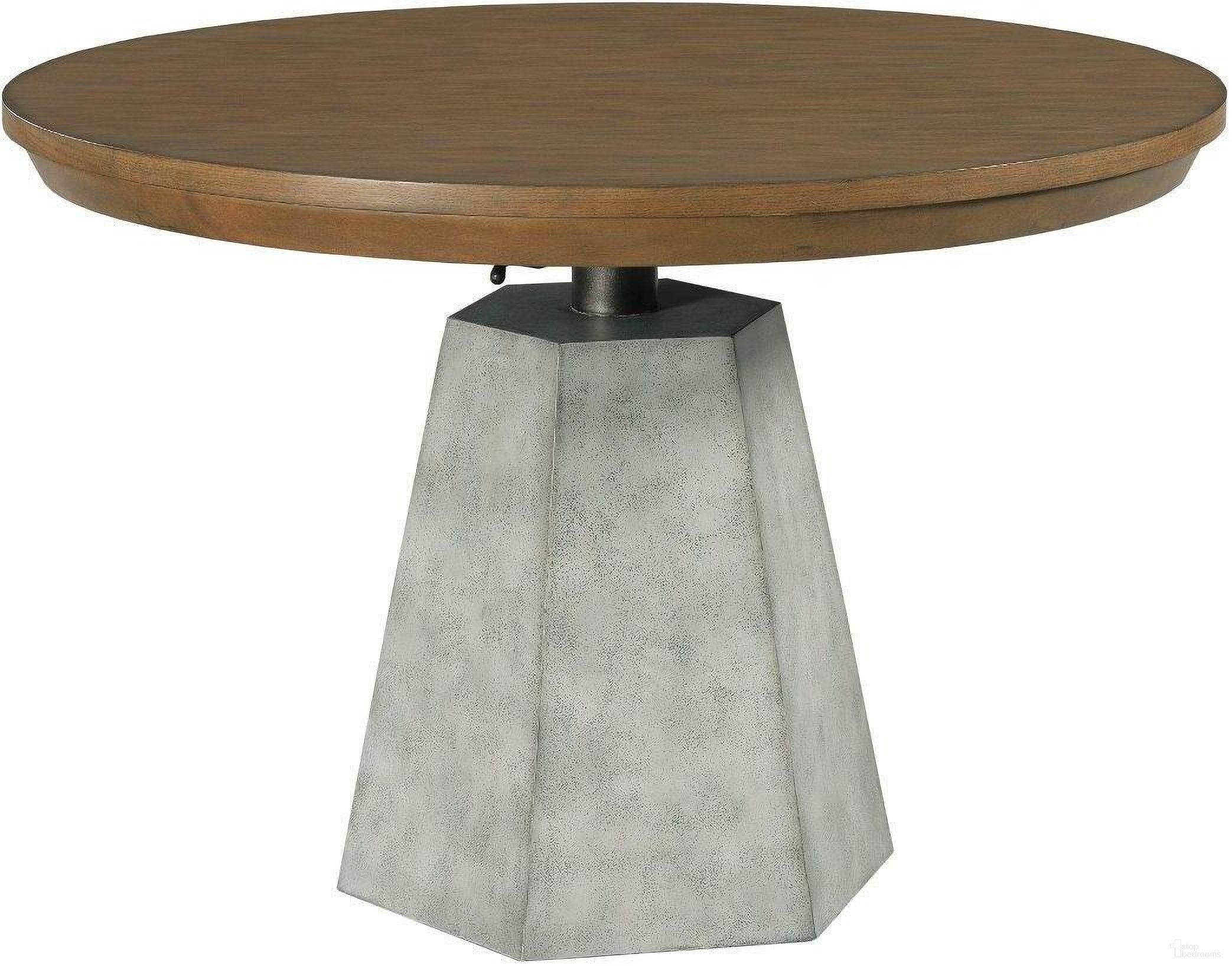 The appearance of Olmsted Adjustable Height Dining Table designed by Hammary in the industrial interior design. This medium stain piece of furniture  was selected by 1StopBedrooms from Olmsted Collection to add a touch of cosiness and style into your home. Sku: 120-701B;120-701T. Table Base Style: Pedestal. Table Top Shape: Round. Material: Wood. Size: 44".
