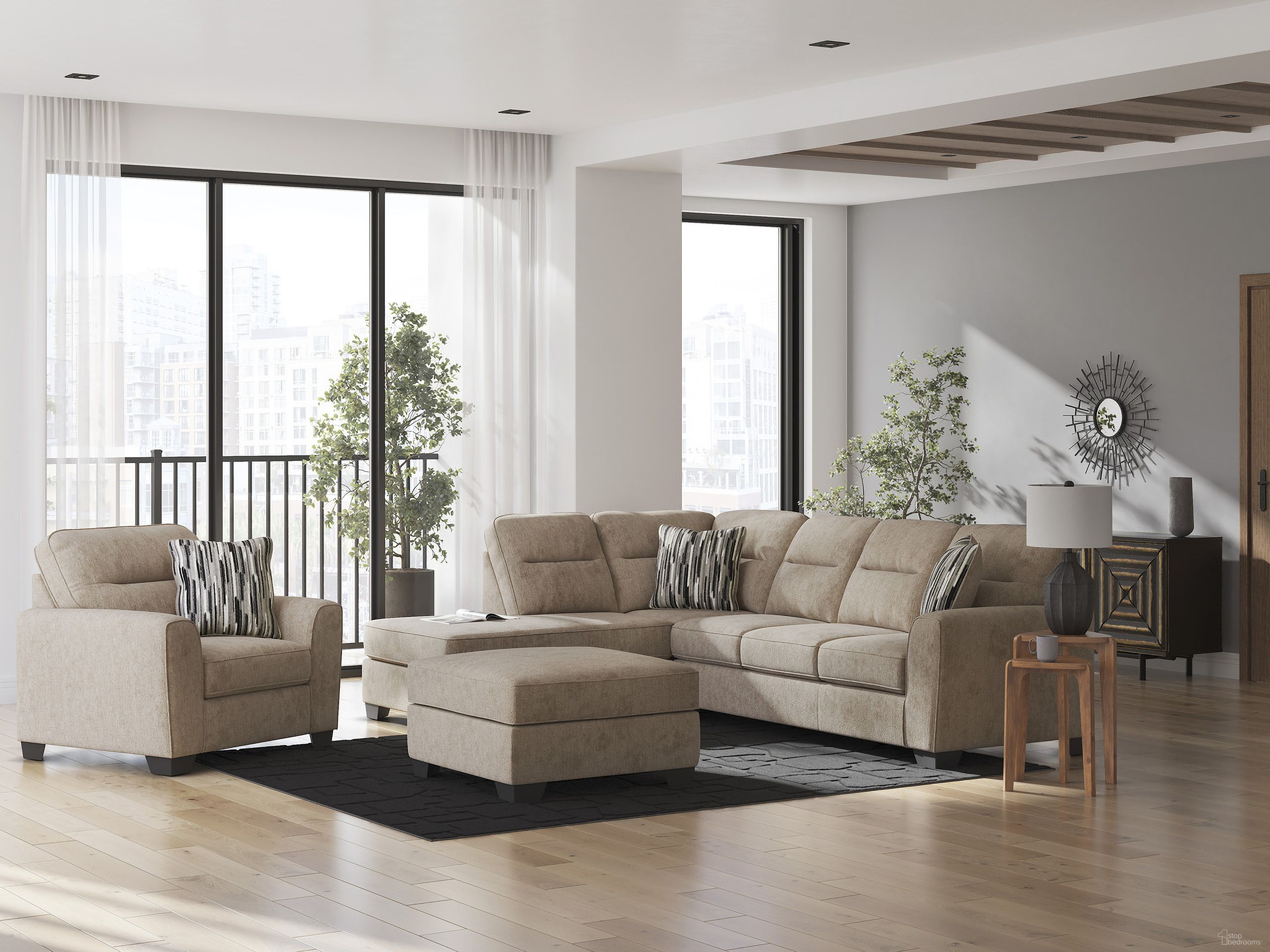 The appearance of Olten 2-Piece Sectional with Chaise and Ottoman In Mocha designed by Signature Design by Ashley in the modern / contemporary interior design. This mocha piece of furniture was selected by 1StopBedrooms from Olten Collection to add a touch of cosiness and style into your home. Sku: 3130408;3130416;3130467. Material: Fabric.