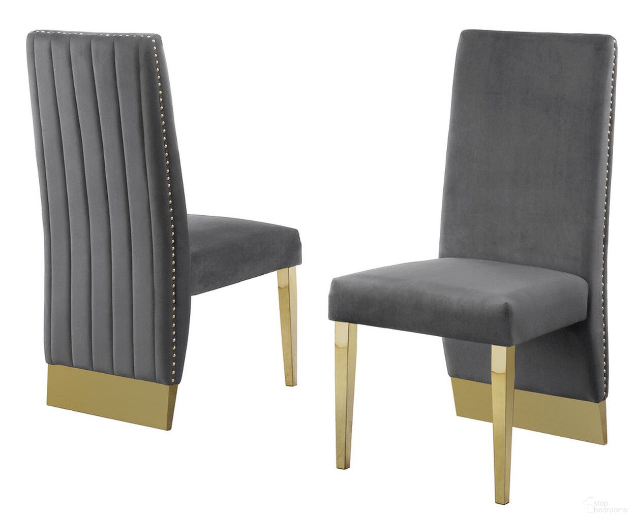 The appearance of Omar Tufted Accent Side Chairs Set of 2 In Gray Velvet and Gold Chrome designed by Best Quality Furniture in the modern / contemporary interior design. This gray and gold piece of furniture was selected by 1StopBedrooms from Omar Collection to add a touch of cosiness and style into your home. Sku: SC160. Material: Chrome. Chair Type: Side Chair.