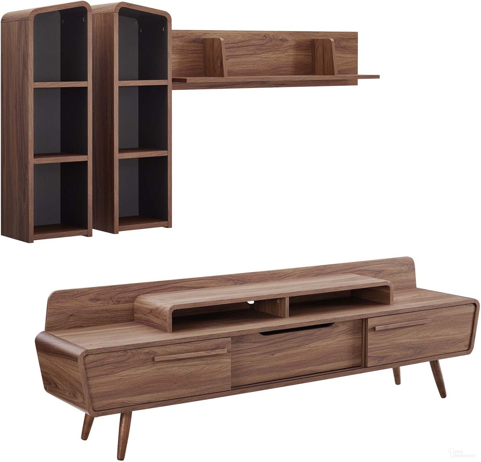 The appearance of Omnistand Walnut Gray 2 Piece Entertainment Center designed by Modway in the modern / contemporary interior design. This walnut gray piece of furniture was selected by 1StopBedrooms from Omnistand Collection to add a touch of cosiness and style into your home. Sku: EEI-3437-WAL;EEI-3438-WAL-GRY. Material: Wood.