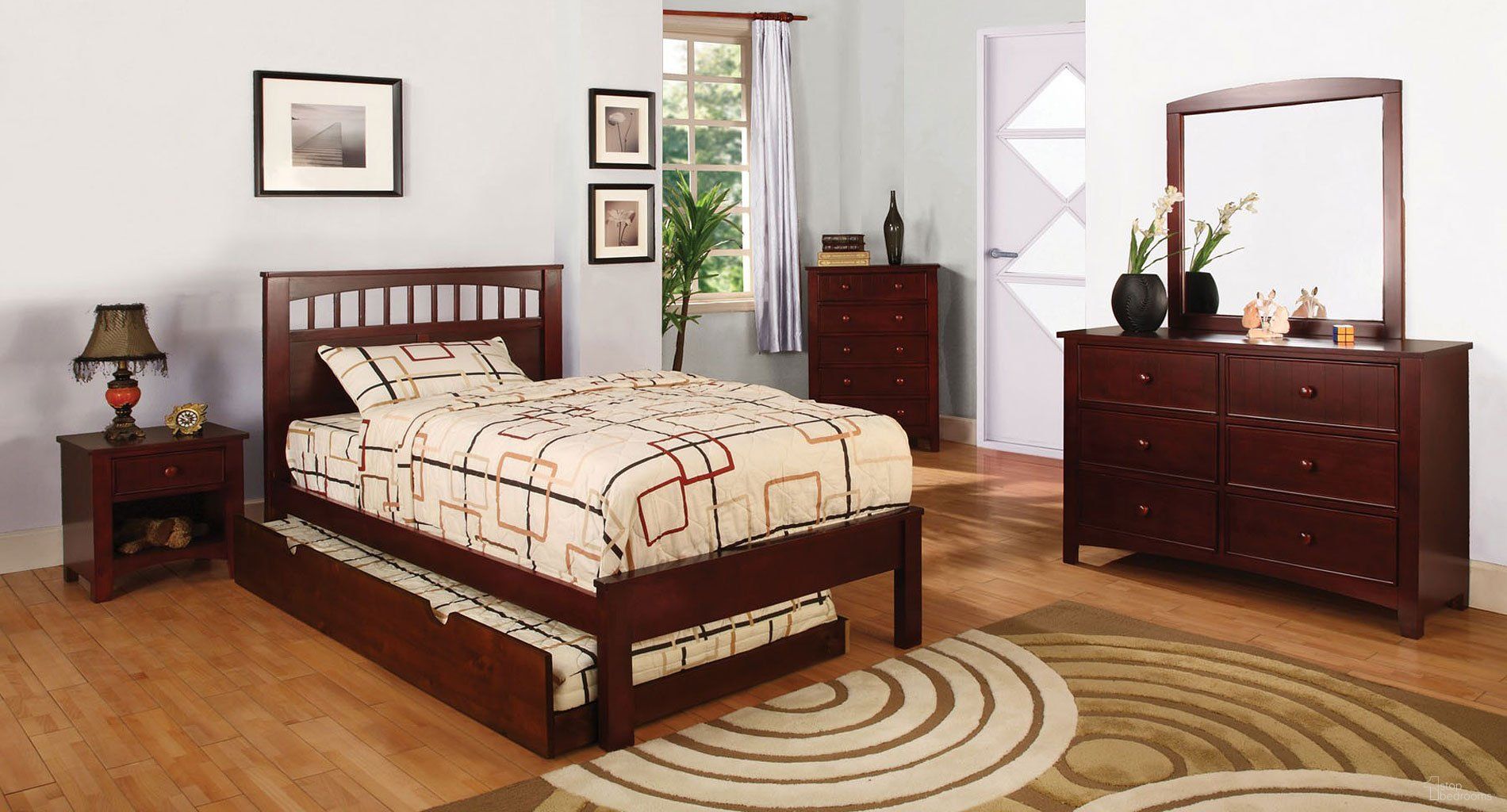 The appearance of Omnus Youth Bedroom Set w/Carus Bed (Cherry) designed by Furniture of America in the transitional interior design. This cherry piece of furniture was selected by 1StopBedrooms from Omnus Collection to add a touch of cosiness and style into your home. Sku: CM7904CH-T-HB;CM7904CH-T-FB;CM7904CH-T-R12;CM7905CH-N. Bed Type: Platform Bed. Material: Wood. Bed Size: Twin.