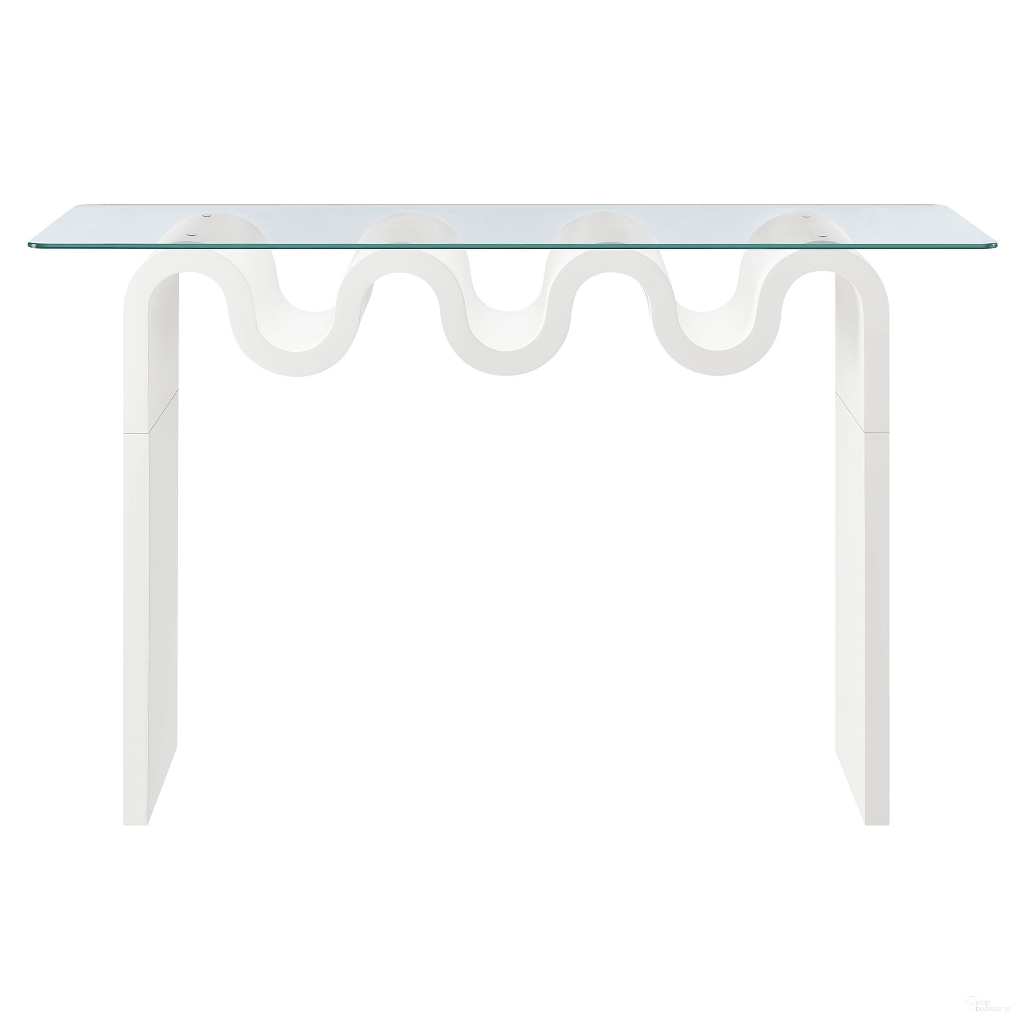 The appearance of Ondine Glass Top 50 Inch Console Table In White designed by Modway in the modern / contemporary interior design. This white piece of furniture  was selected by 1StopBedrooms from Ondine Collection to add a touch of cosiness and style into your home. Sku: EEI-6901-WHI. Material: Glass.