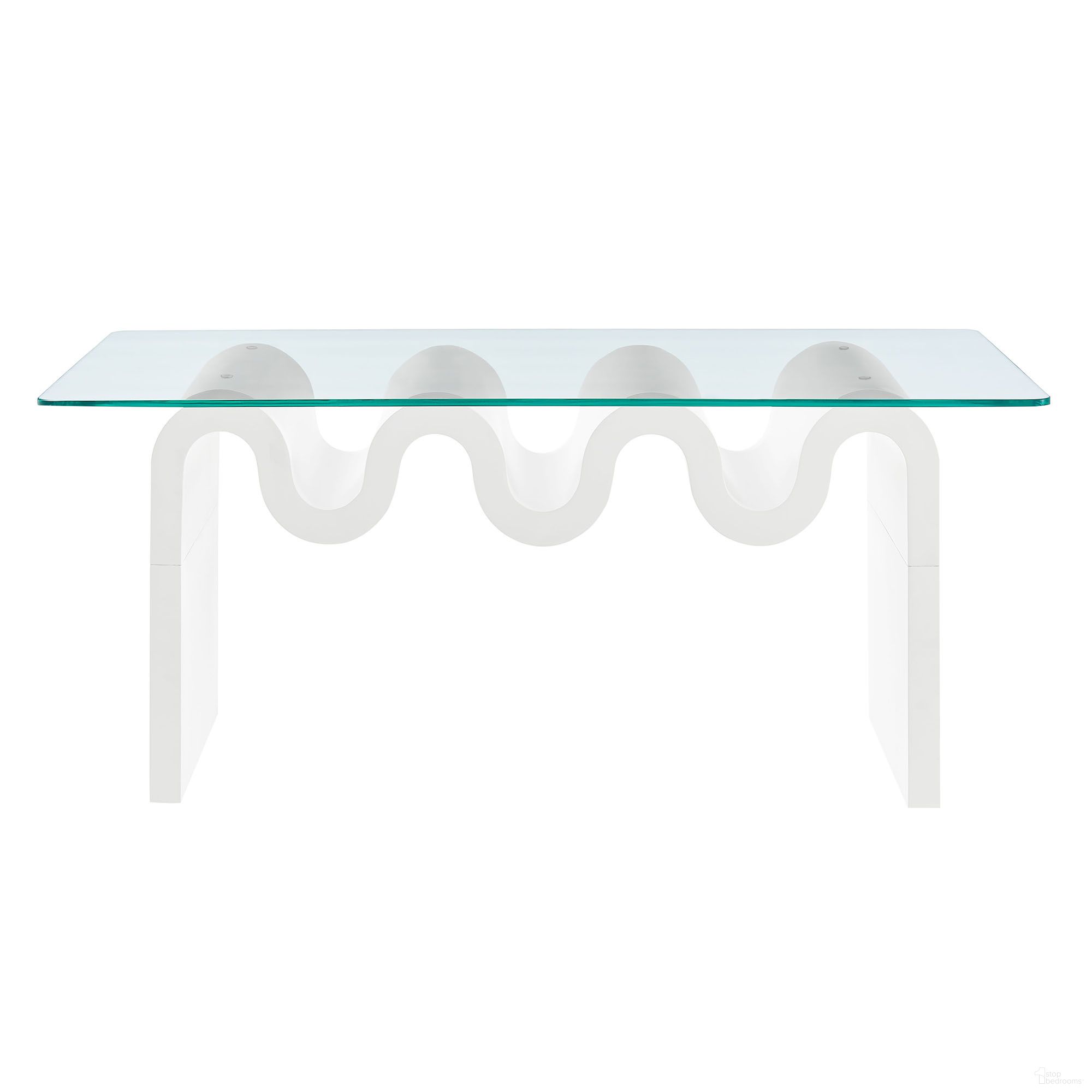 The appearance of Ondine Glass Top Coffee Table In White designed by Modway in the modern / contemporary interior design. This white piece of furniture  was selected by 1StopBedrooms from Ondine Collection to add a touch of cosiness and style into your home. Sku: EEI-6900-WHI. Material: Glass.