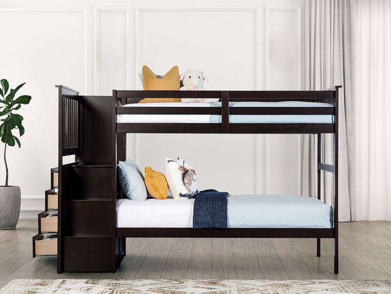 The appearance of Ontario Twin Over Twin Bunk Bed In Espresso designed by Furniture of America in the transitional interior design. This espresso piece of furniture was selected by 1StopBedrooms from Ontario Collection to add a touch of cosiness and style into your home. Sku: FM-BK102ES-T-1;FM-BK102ES-T-2;FM-BK102ES-T-3;FM-BK102ES-T-4. Bed Type: Bunk Bed. Bed Size: Twin Over Twin. Material: Solid Hardwood.