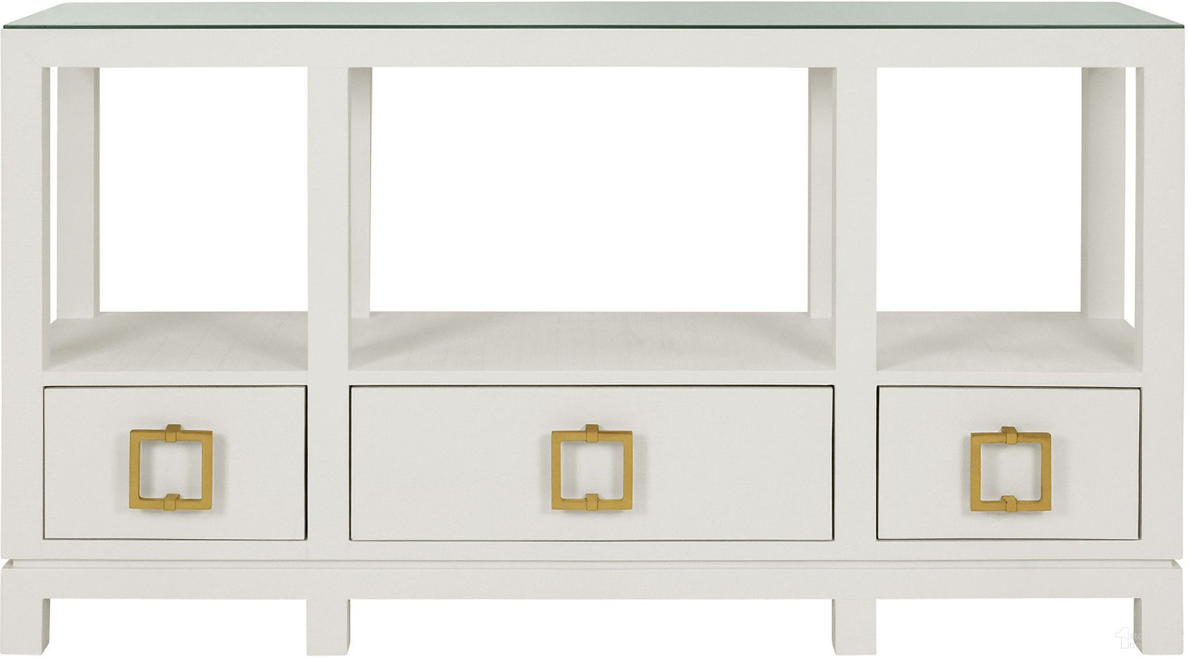 The appearance of Open Shelf Console In White designed by Worlds Away in the  interior design. This white piece of furniture  was selected by 1StopBedrooms from  to add a touch of cosiness and style into your home. Sku: CAMPBELL WH. Material: Solid Wood.