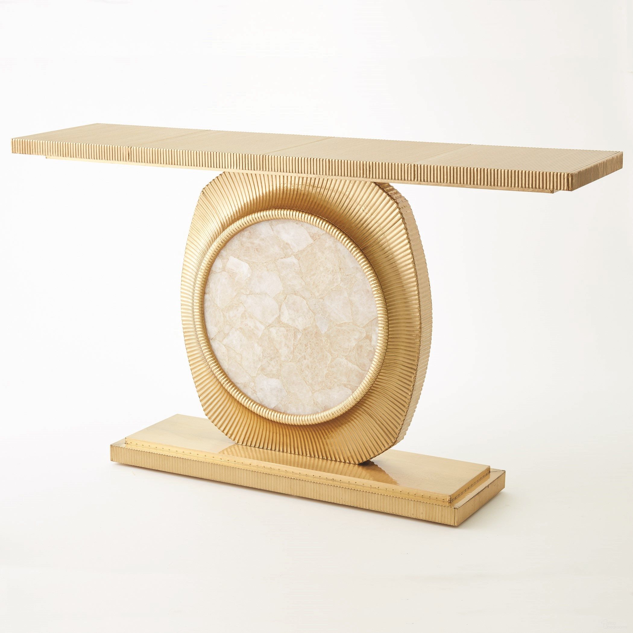 The appearance of Opera Fluted Console In Brass With Quartz Insert designed by Global Views in the modern / contemporary interior design. This brass piece of furniture was selected by 1StopBedrooms from Opera Collection to add a touch of cosiness and style into your home. Sku: 790569. Material: Brass.