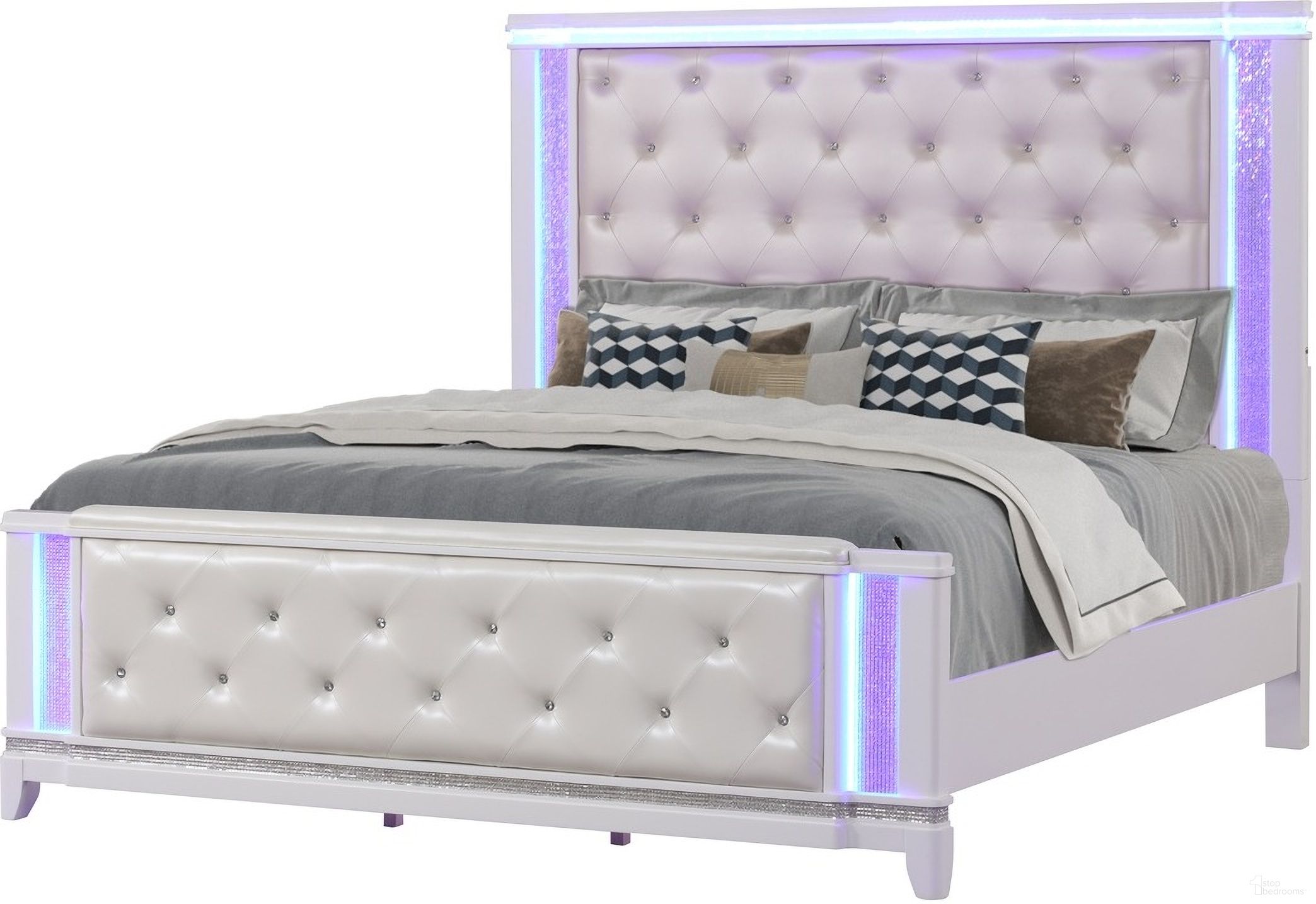 The appearance of Opium Queen Bed with LED Headboard In Off White designed by Galaxy Home Furnishings in the modern / contemporary interior design. This off white piece of furniture was selected by 1StopBedrooms from Opium Collection to add a touch of cosiness and style into your home. Sku: 698781437353-1;698781437353-2;698781437353-3. Bed Type: Panel Bed. Material: Wood. Bed Size: Queen.