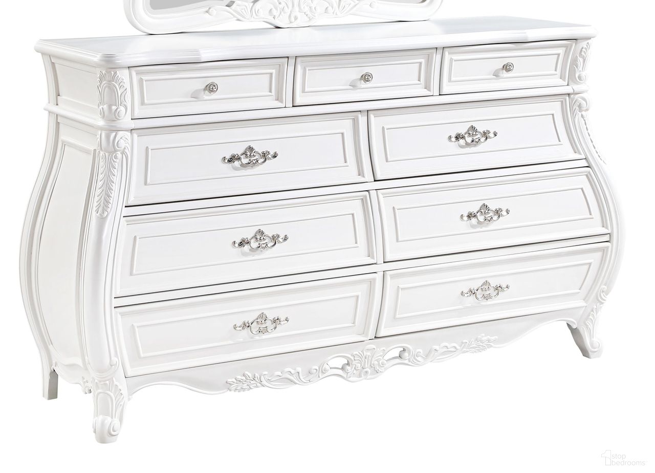 The appearance of Opulence Dresser In White designed by Galaxy Home Furnishings in the modern / contemporary interior design. This white piece of furniture was selected by 1StopBedrooms from Opulence Collection to add a touch of cosiness and style into your home. Sku: 601955554640. Material: Solid Wood.