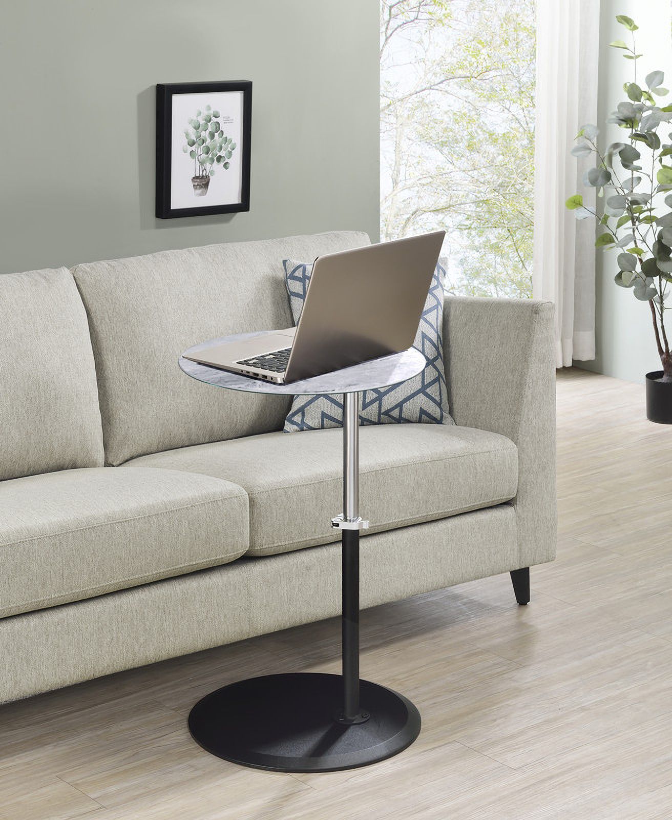 The appearance of Orbit 15.5 Inch End Table with Height Adjustable Marble Textured Top In Gray designed by Lilola Home in the modern / contemporary interior design. This gray piece of furniture  was selected by 1StopBedrooms from Orbit Collection to add a touch of cosiness and style into your home. Sku: 98022. Material: Glass.
