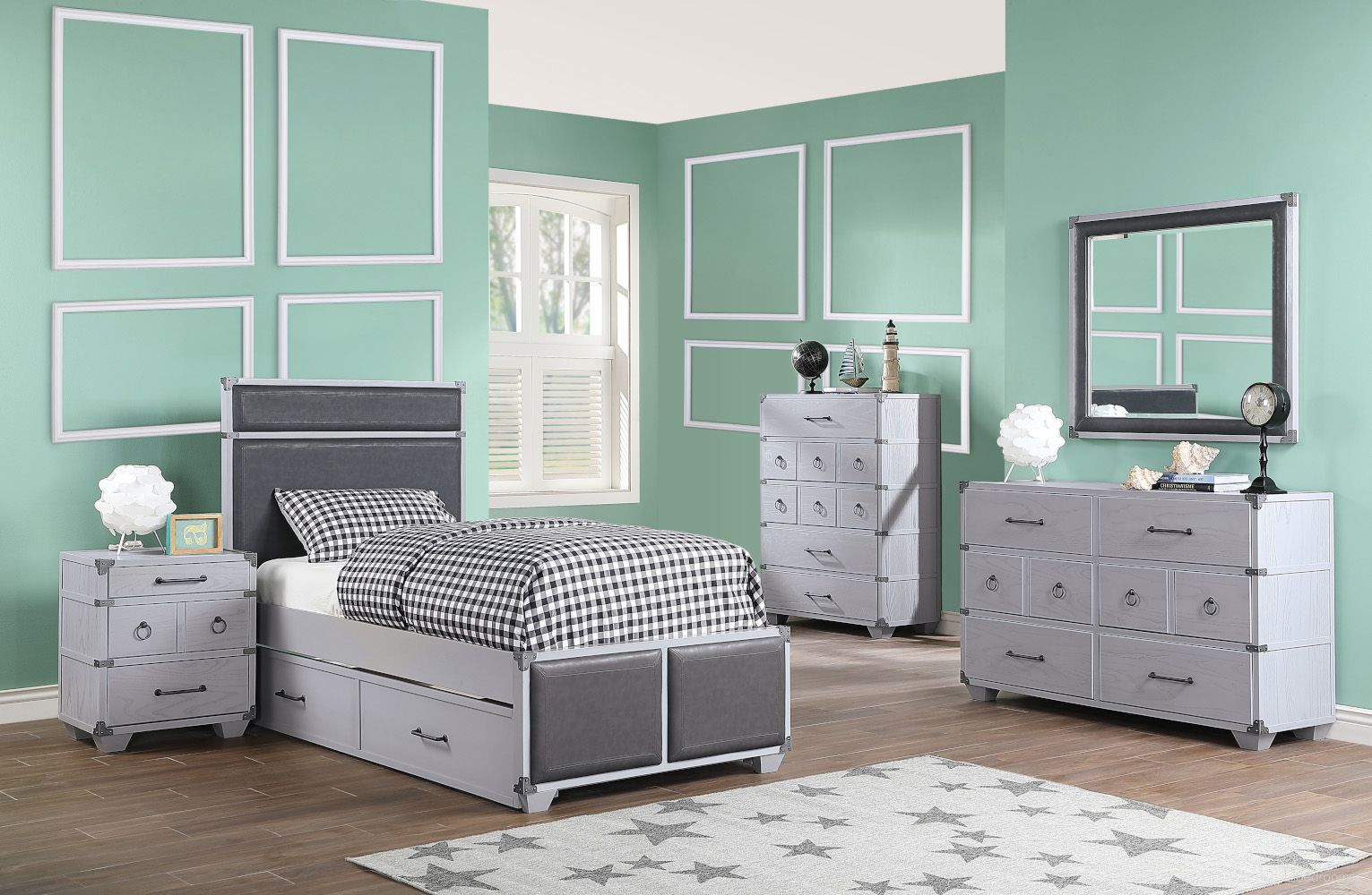 The appearance of Orchest Youth Panel Bedroom Set In Gray designed by ACME in the transitional interior design. This gray piece of furniture was selected by 1StopBedrooms from Orchest Collection to add a touch of cosiness and style into your home. Sku: 36120T-HB;36121T-FB;36122T-R;36138. Bed Type: Storage Bed. Material: Wood. Bed Size: Twin.