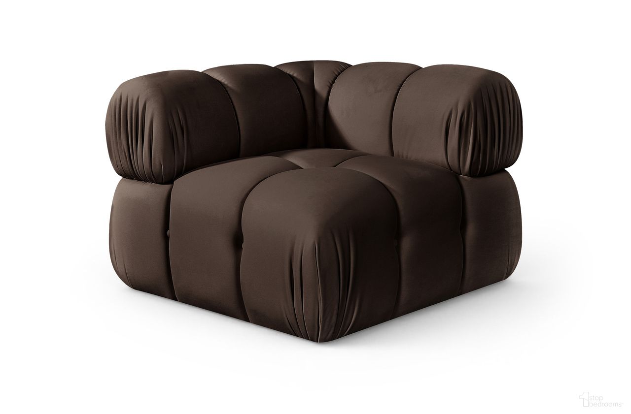 The appearance of Orin Velvet Performance Fabric Upholstered Modular Corner Chair In Brown designed by Meridian in the modern / contemporary interior design. This brown piece of furniture was selected by 1StopBedrooms from Orin Collection to add a touch of cosiness and style into your home. Sku: 671Brown-Corner. Material: Eucalyptus.