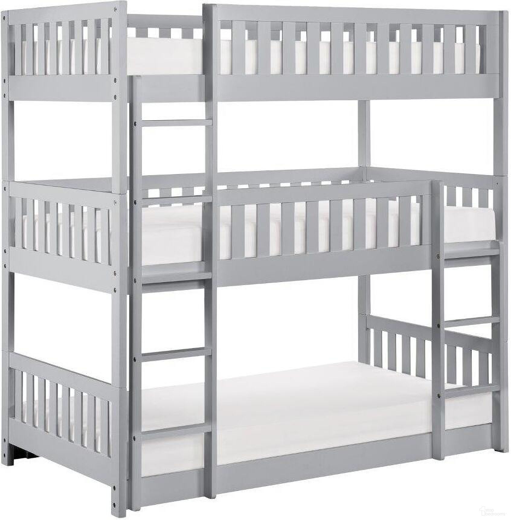The appearance of Orion Gray Triple Bunk Bed designed by Homelegance in the modern / contemporary interior design. This gray piece of furniture was selected by 1StopBedrooms from Orion Collection to add a touch of cosiness and style into your home. Sku: B2063TTT-1;B2063TTT-2;B2063TTT-SL. Bed Type: Bunk Bed. Material: Wood. Bed Size: Twin Over Twin.