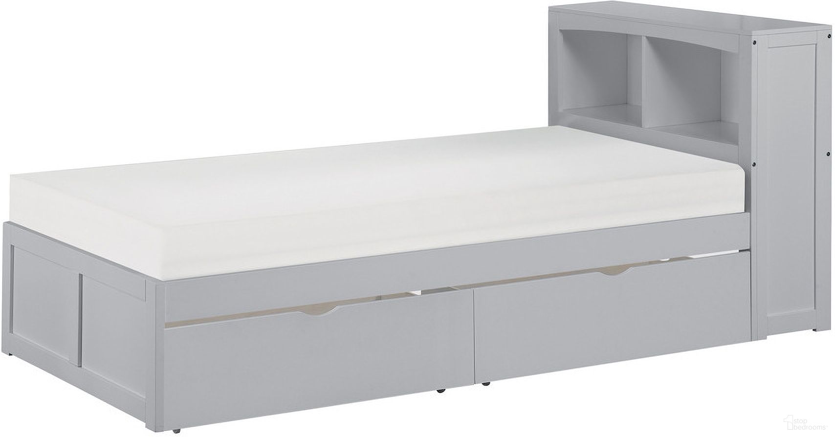 The appearance of Orion Twin Bookcase Bed with Storage Boxes In Gray designed by Homelegance in the transitional interior design. This gray piece of furniture  was selected by 1StopBedrooms from Orion Collection to add a touch of cosiness and style into your home. Sku: B2063BC-1;B2063BC-2;B2063-T. Bed Type: Bookcase Bed. Material: Wood. Bed Size: Twin.