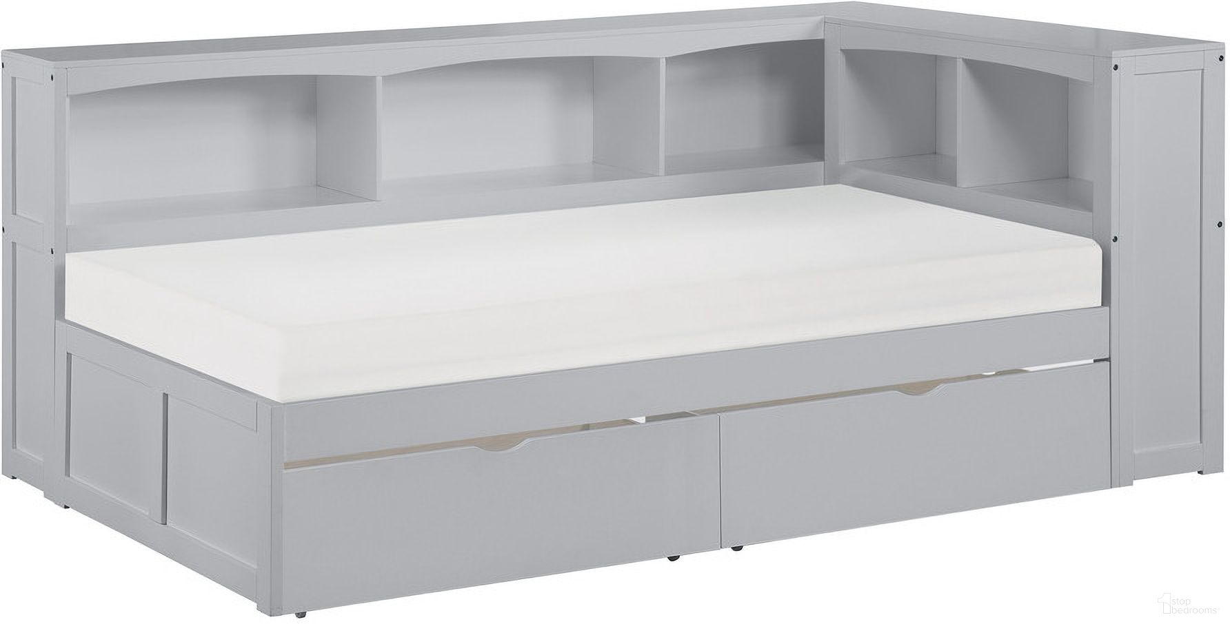 The appearance of Orion Twin Bookcase Corner Bed with Storage Boxes In Gray designed by Homelegance in the transitional interior design. This gray piece of furniture was selected by 1StopBedrooms from Orion Collection to add a touch of cosiness and style into your home. Sku: B2063BC-1;B2063BC-2;B2063BC-BC;B2063-T. Bed Type: Bookcase Bed. Material: Wood. Bed Size: Twin.