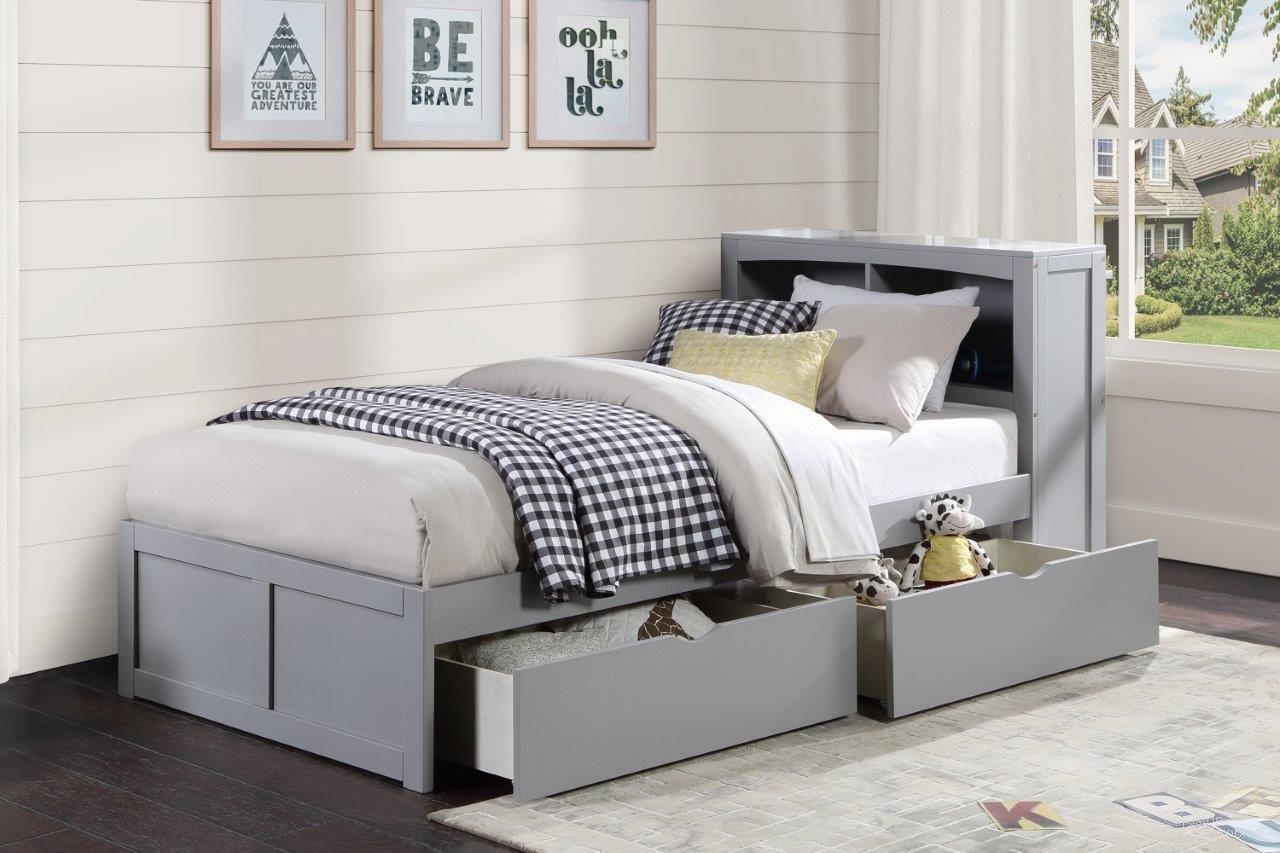The appearance of Orion Gray Youth Bookcase Bedroom Set With Storage Boxes designed by Homelegance in the modern / contemporary interior design. This gray piece of furniture  was selected by 1StopBedrooms from Orion Collection to add a touch of cosiness and style into your home. Sku: B2063BC-1T;B2063-4. Bed Type: Bookcase Bed. Material: Wood. Bed Size: Twin.